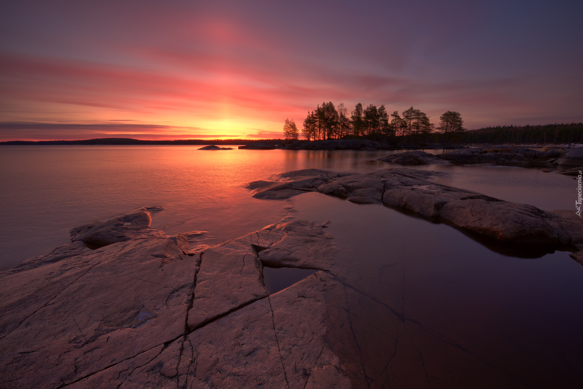 Jezioro Onega, Kamienie, Skały, Drzewa, Zachód słońca, Karelia, Rosja