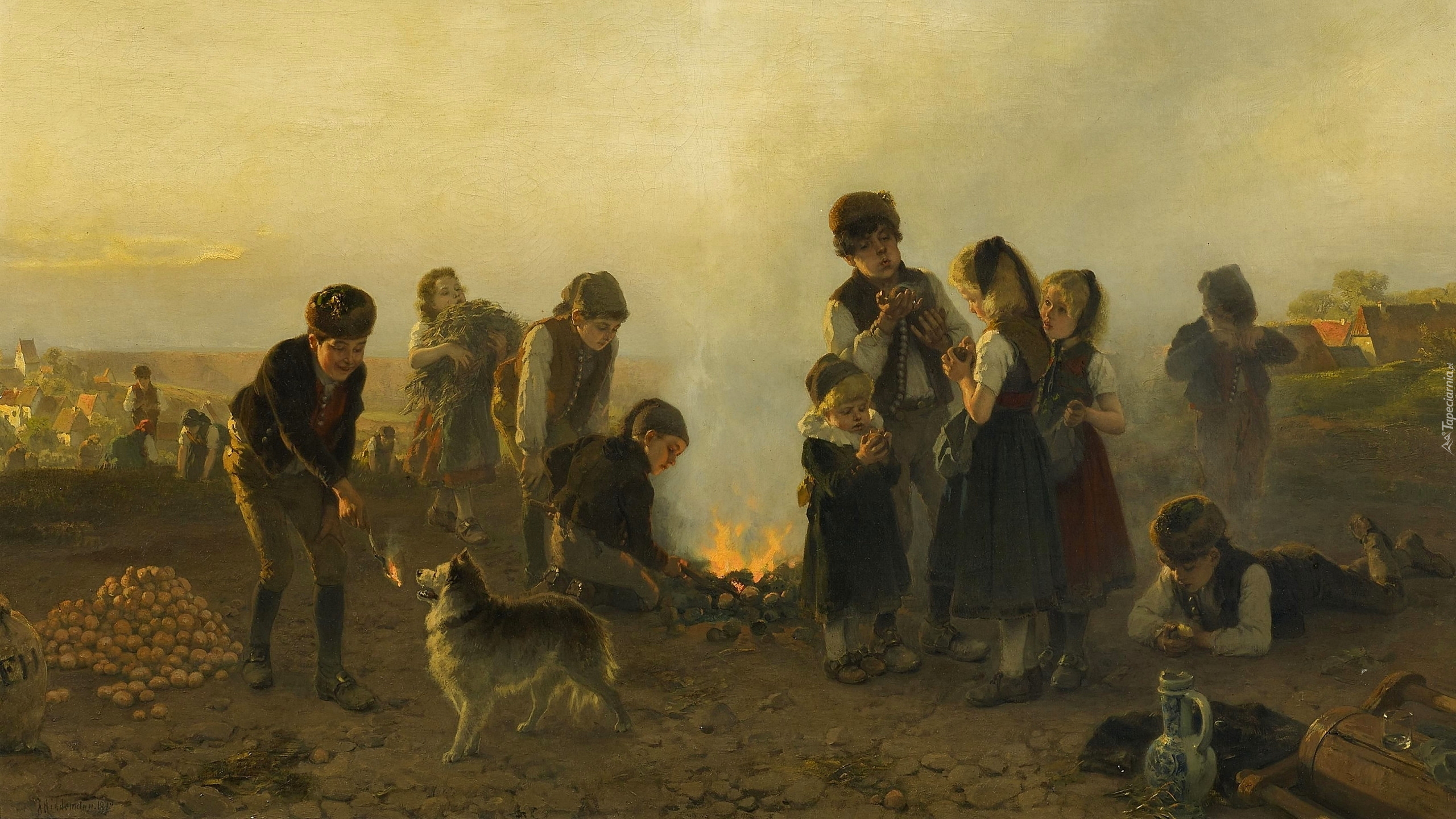 Malarstwo, Obraz, Friedrich Hiddemann, Dzieci, Dziewczynki, Chłopcy, Pole, Ognisko, Ziemniaki