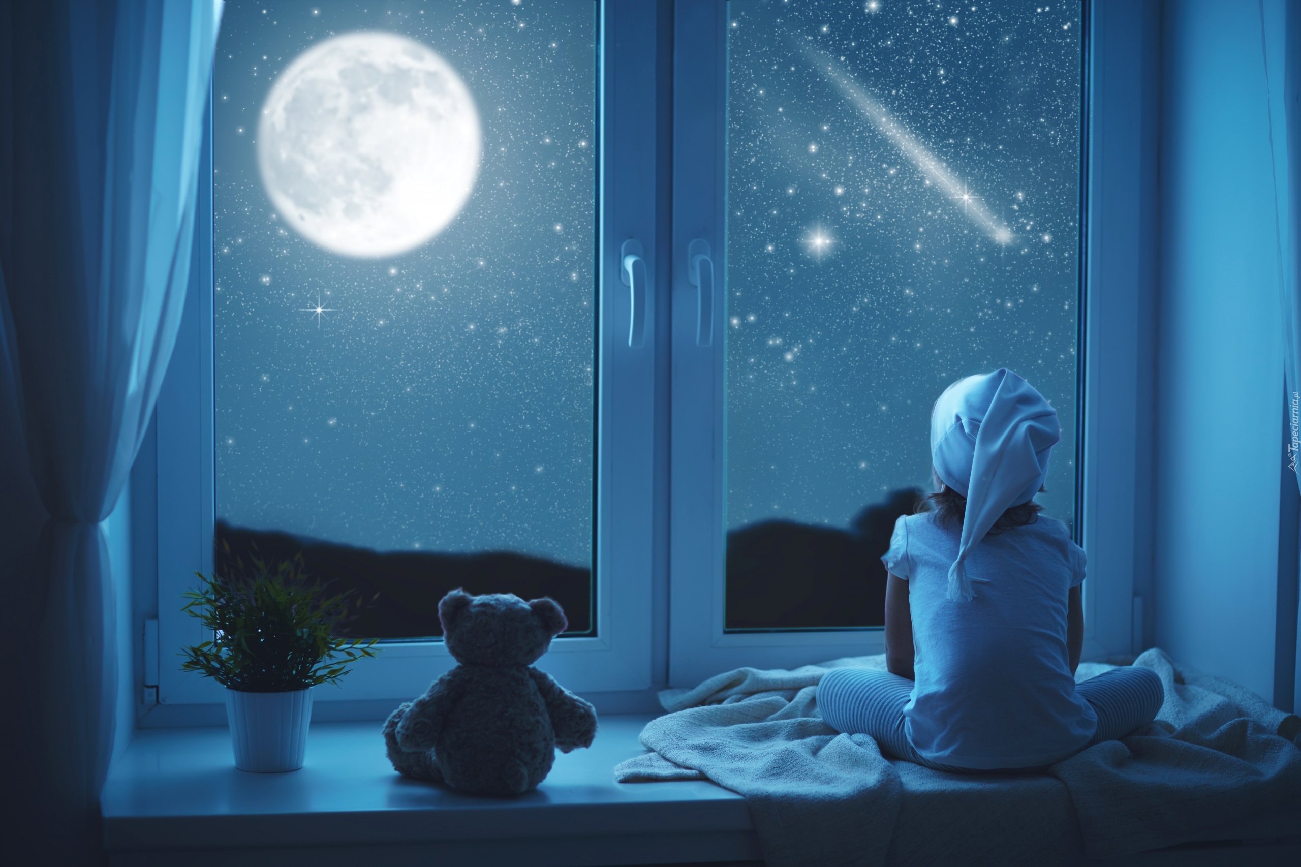 Dziecko, Miś, Noc, Gwiazdy, Księżyc, Okno
