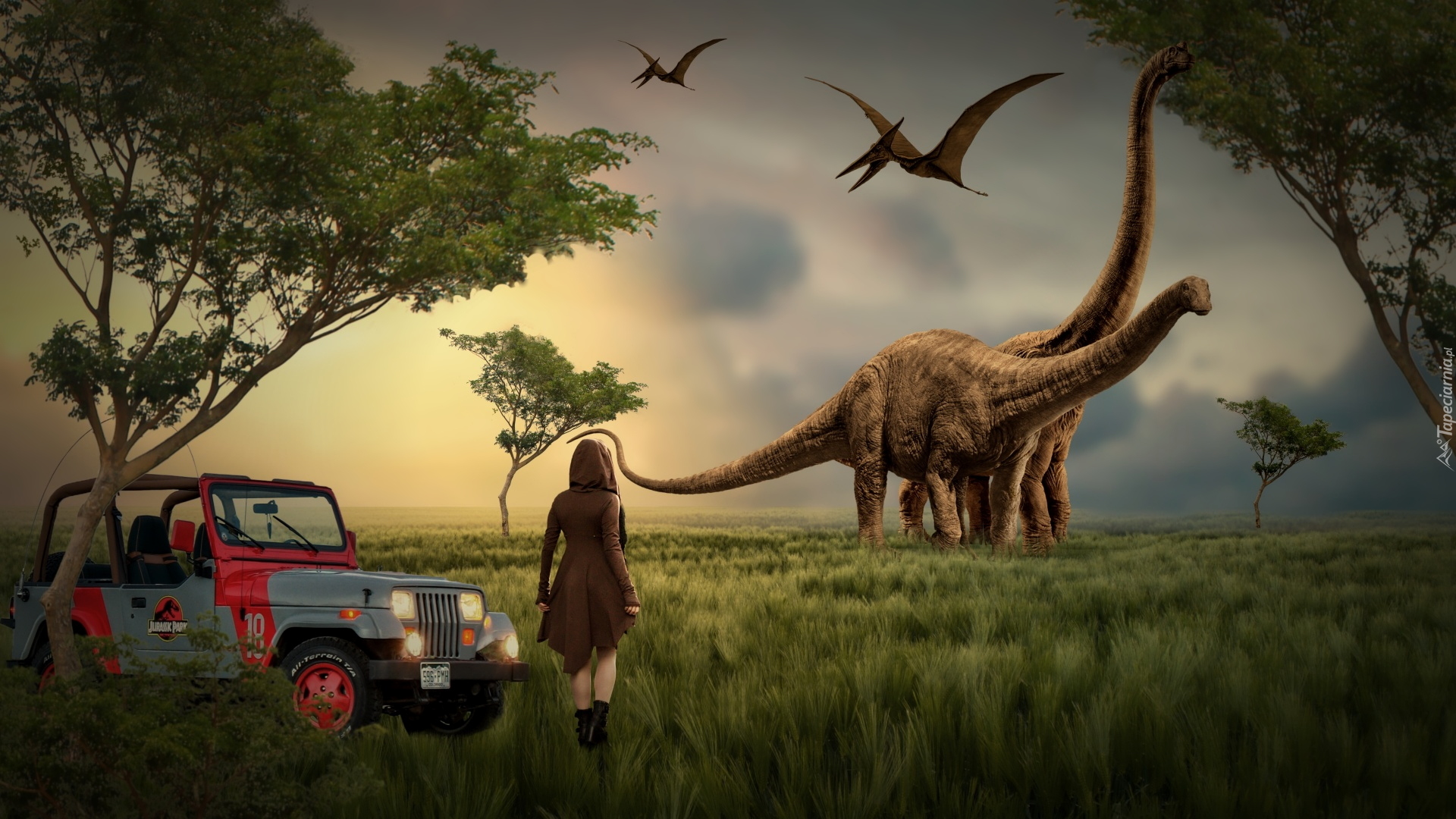 Grafika, Wschód słońca, Dziewczyna, Dinozaury, Jeep, Drzewa, Trawy