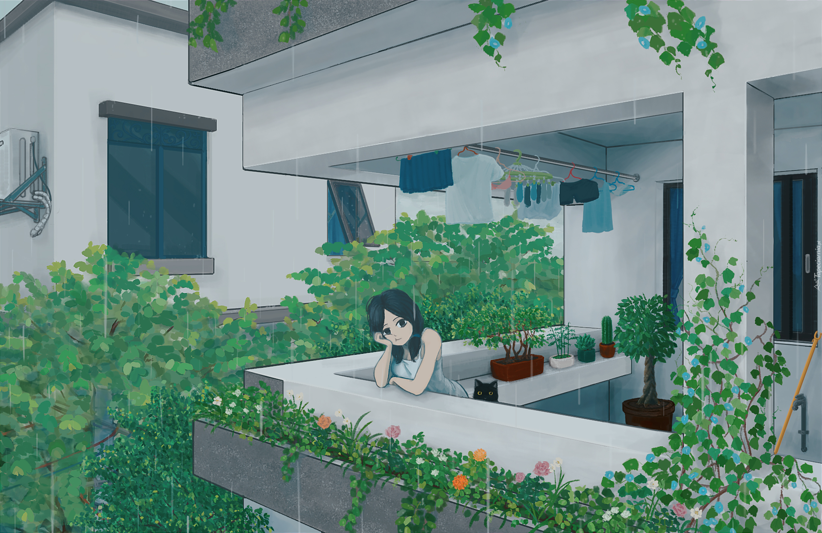 Anime, Dziewczyna, Balkon, Rośliny