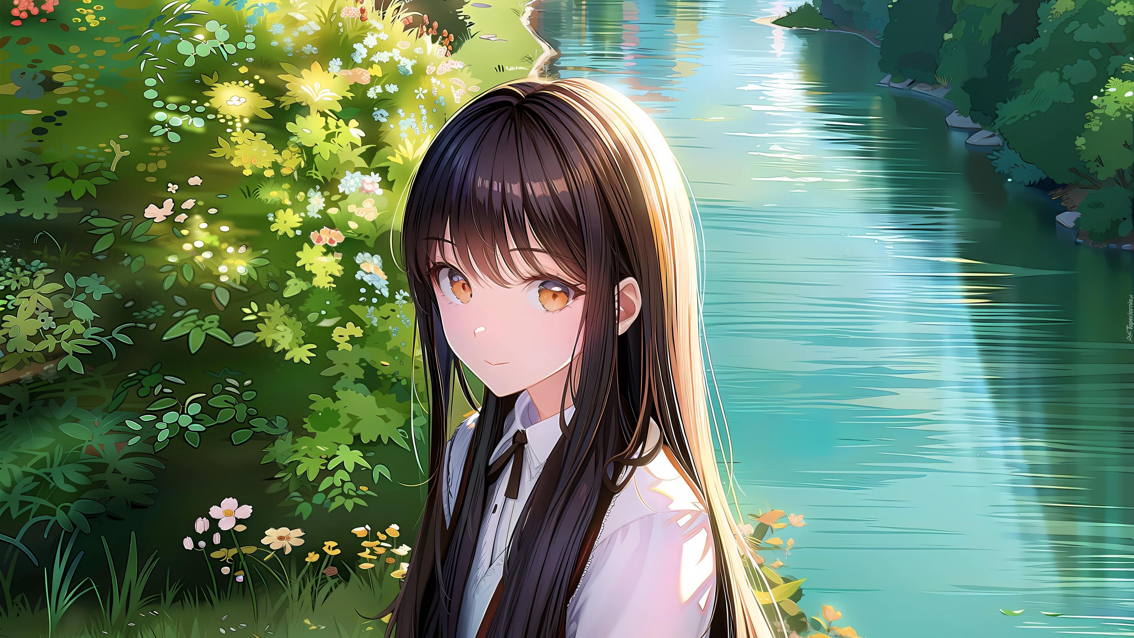Dziewczyna, Rzeka, Rośliny, Kwiaty, Anime