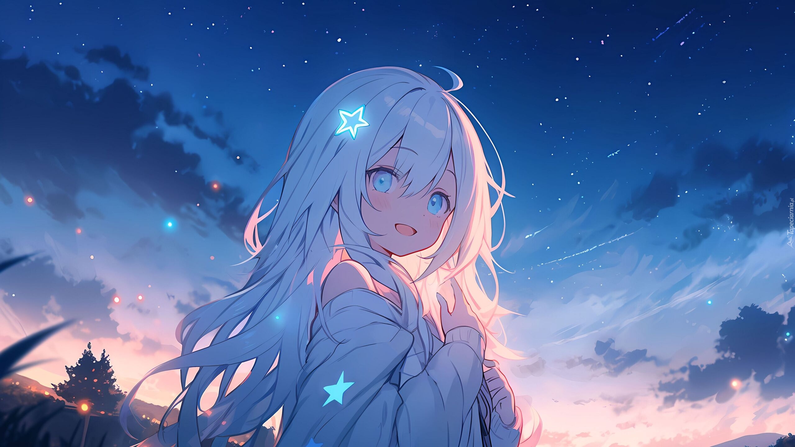 Dziewczyna, Uśmiech, Gwiazdy, Anime