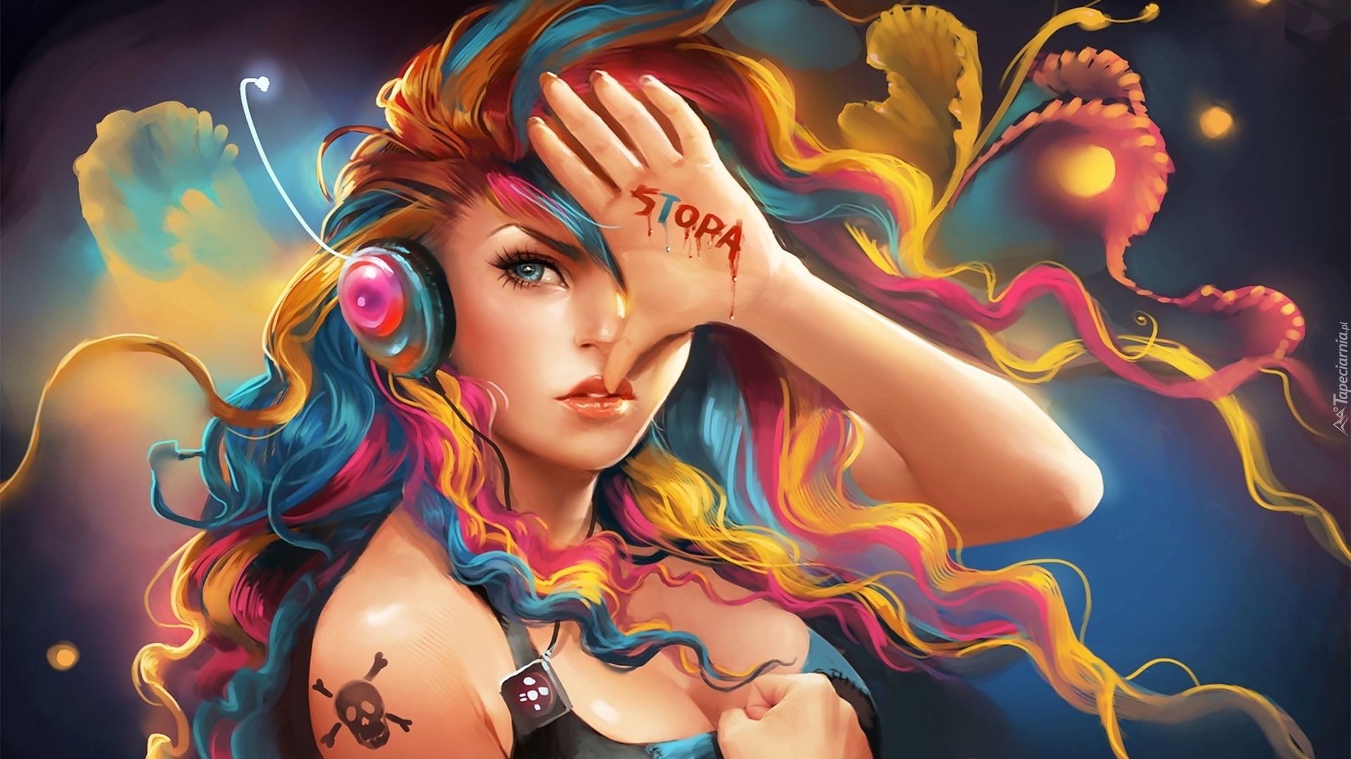 Kobieta, Digital Art, Kolorowe, Włosy, Słuchawki