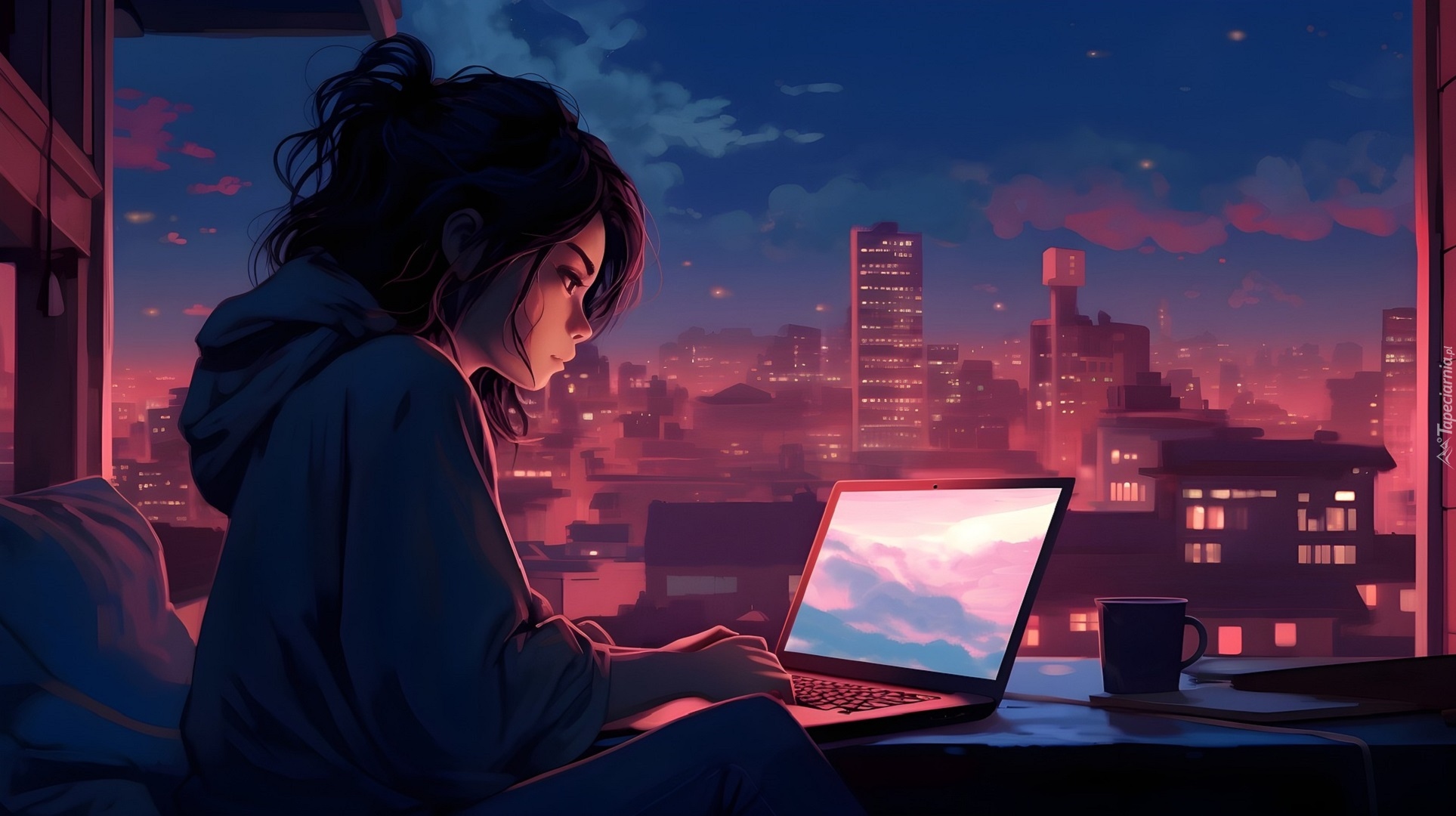 Dziewczyna, Laptop, Okno, Noc, Anime
