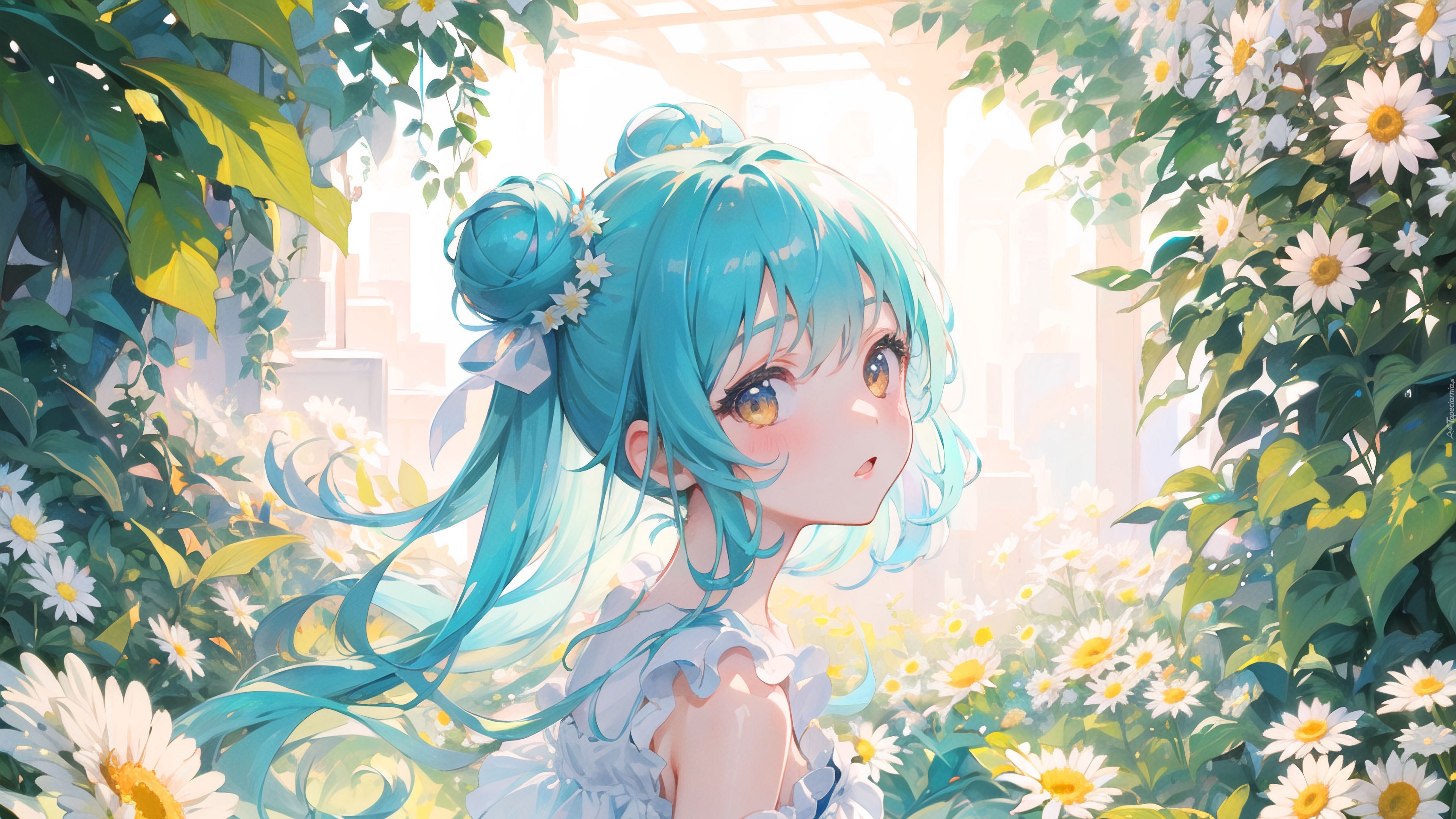 Anime, Dziewczyna, Niebieskie, Włosy, Kwiaty