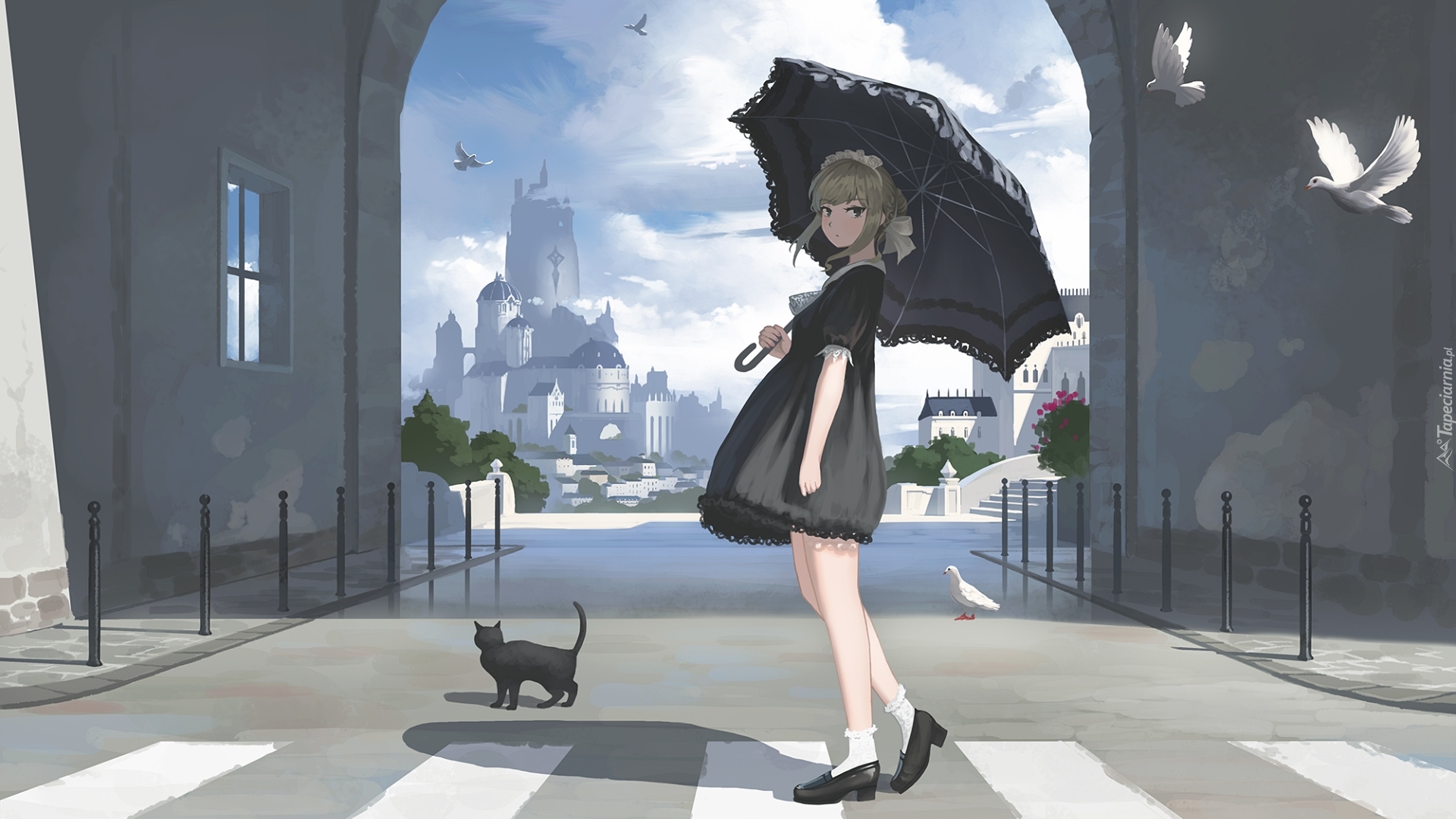 Manga Anime, Dziewczyna, Parasolka, Kot, Ulica