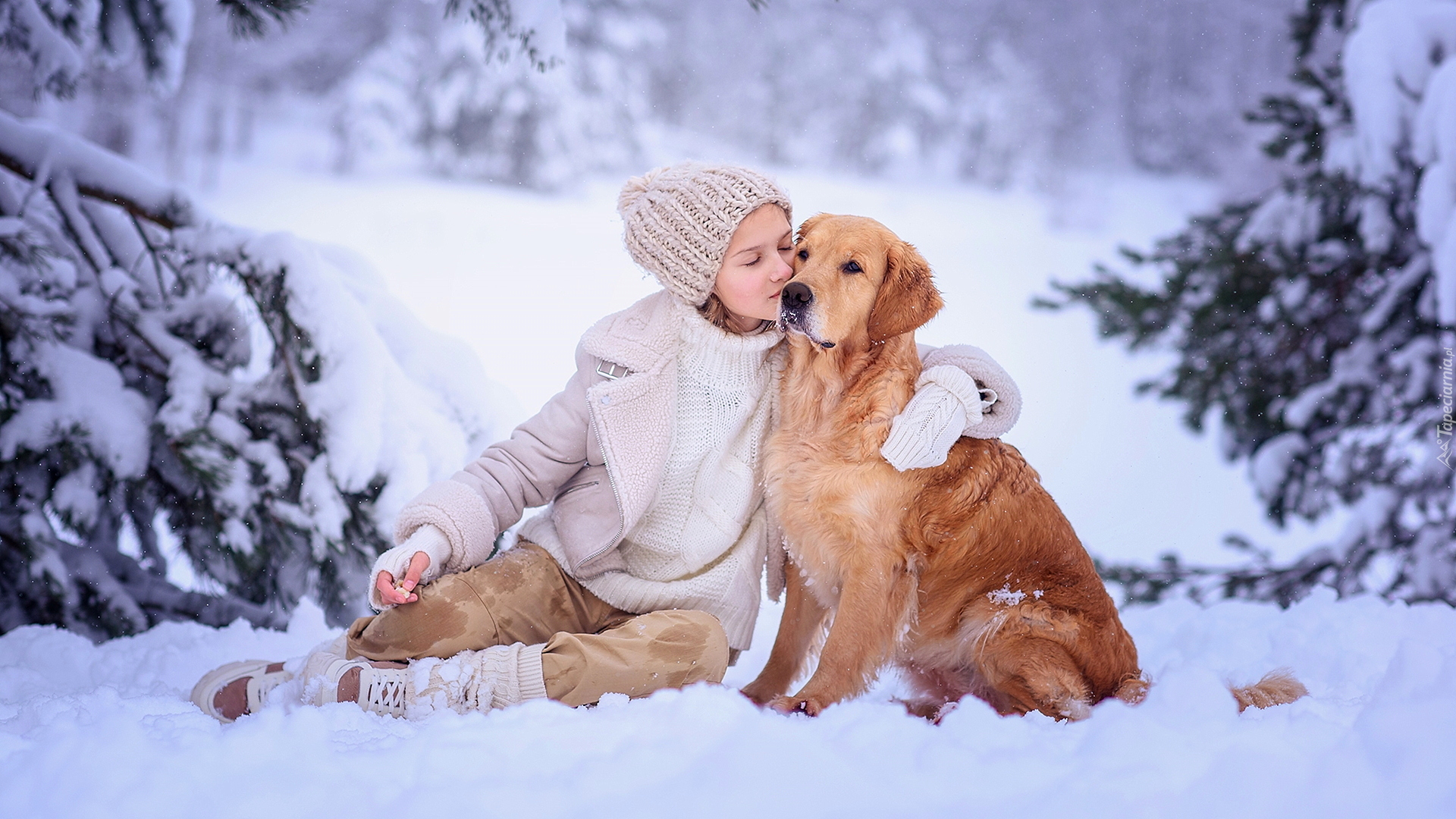 Dziewczynka, Pies, Golden retriever, Ośnieżone, Drzewa, Śnieg, Zima