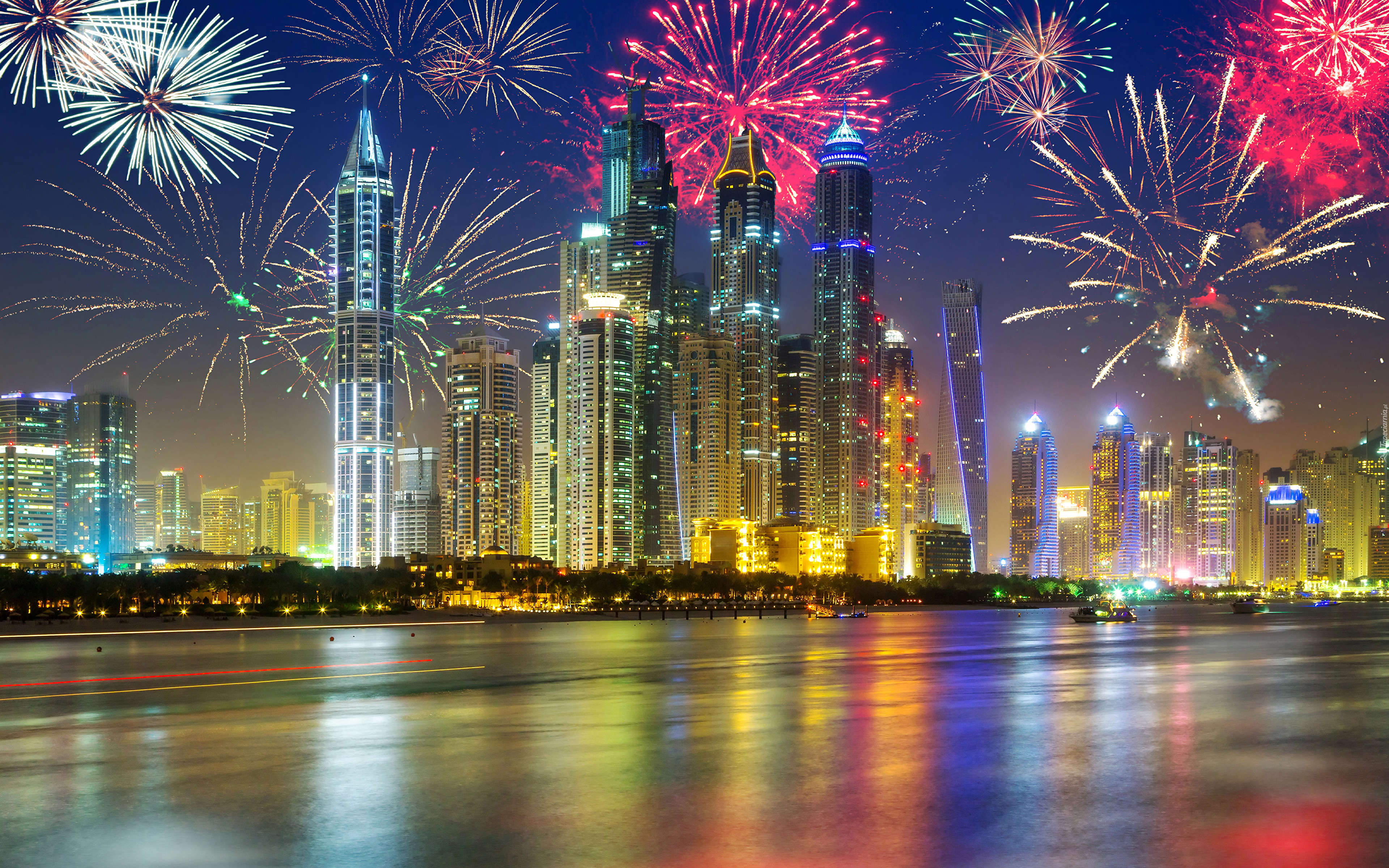 Zjednoczone Emiraty Arabskie, Dubaj, Noc, Wieżowce, Fajerwerki
