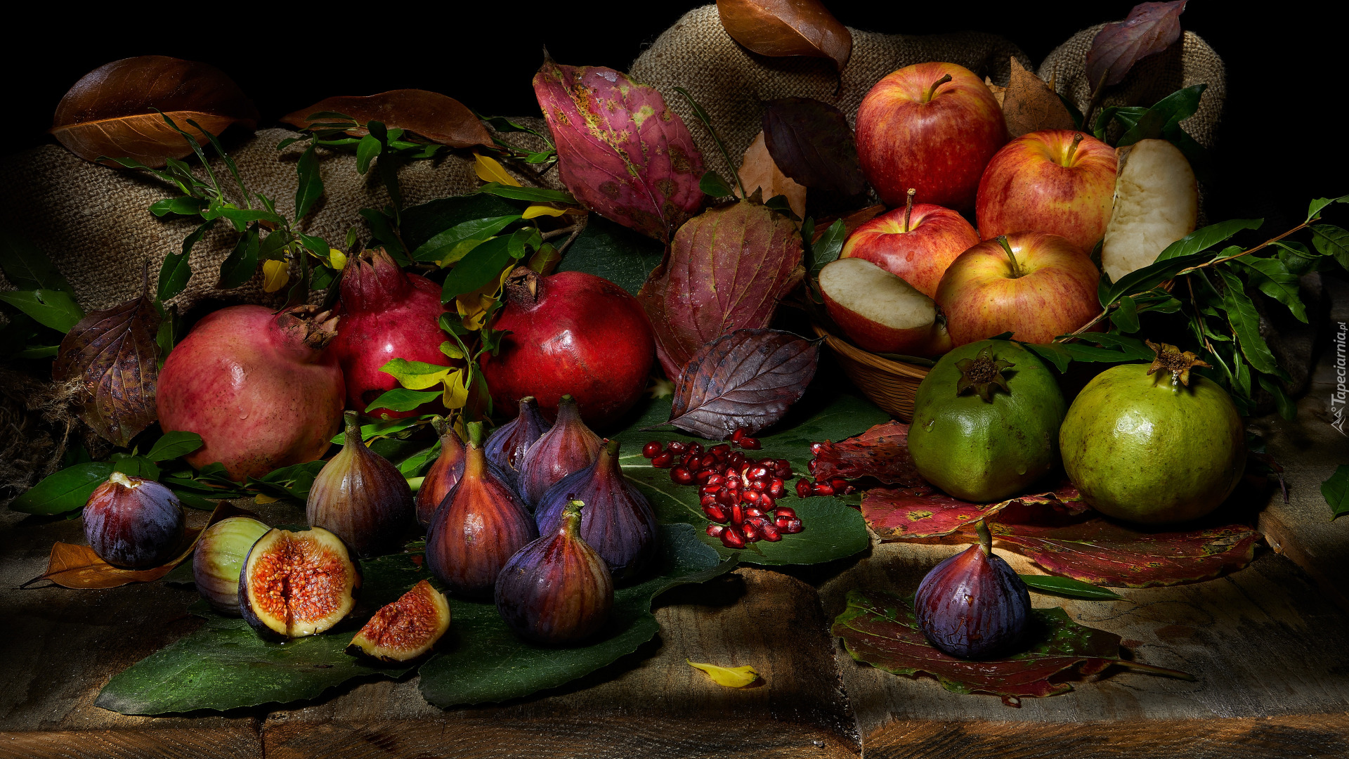 Owoce, Jabłka, Granaty, Figi, Liście, Kompozycja