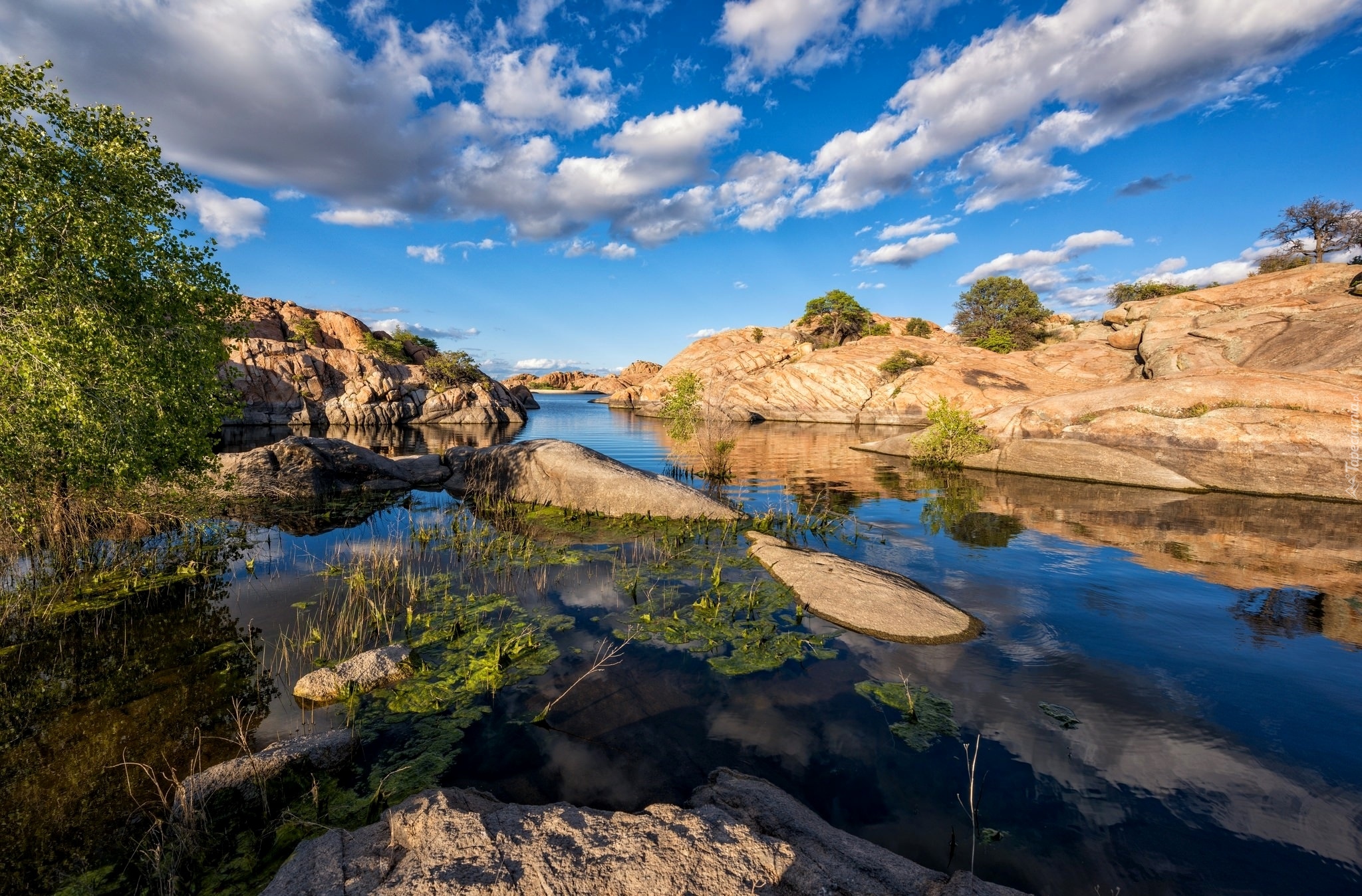Stany Zjednoczone, Stan Arizona, Formacje skalne Granit Dells, Jezioro Willow Lake, Góry, Skały, Rzeka, Rośliny