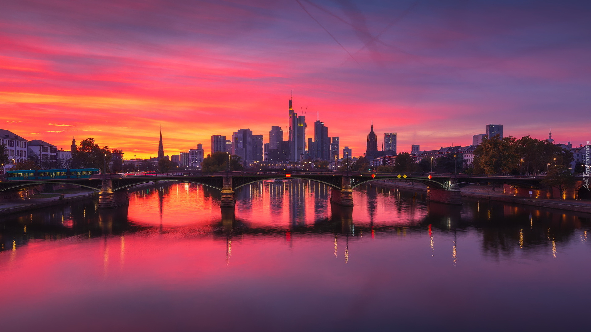 Zachód słońca, Most, Rzeka Men, Wieczór, Frankfurt nad Menem, Niemcy