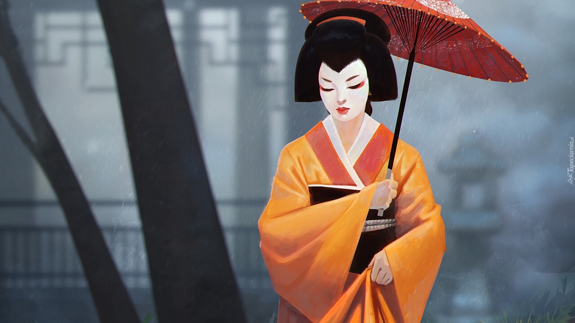 Gejsza, Kobieta, Żółte, Kimono, Czerwony, Parasol, 2D