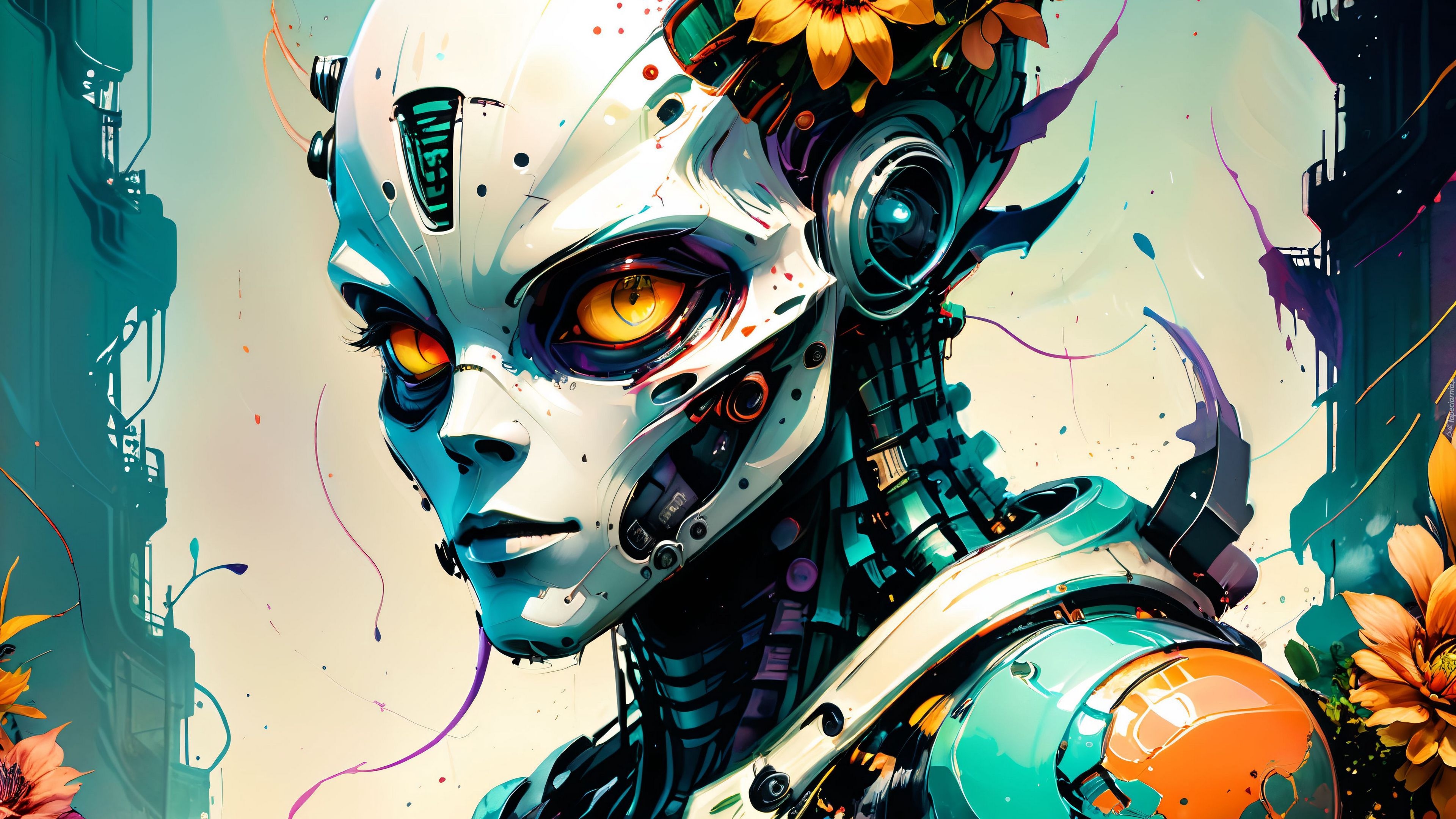 Robot, Kwiaty, Farba