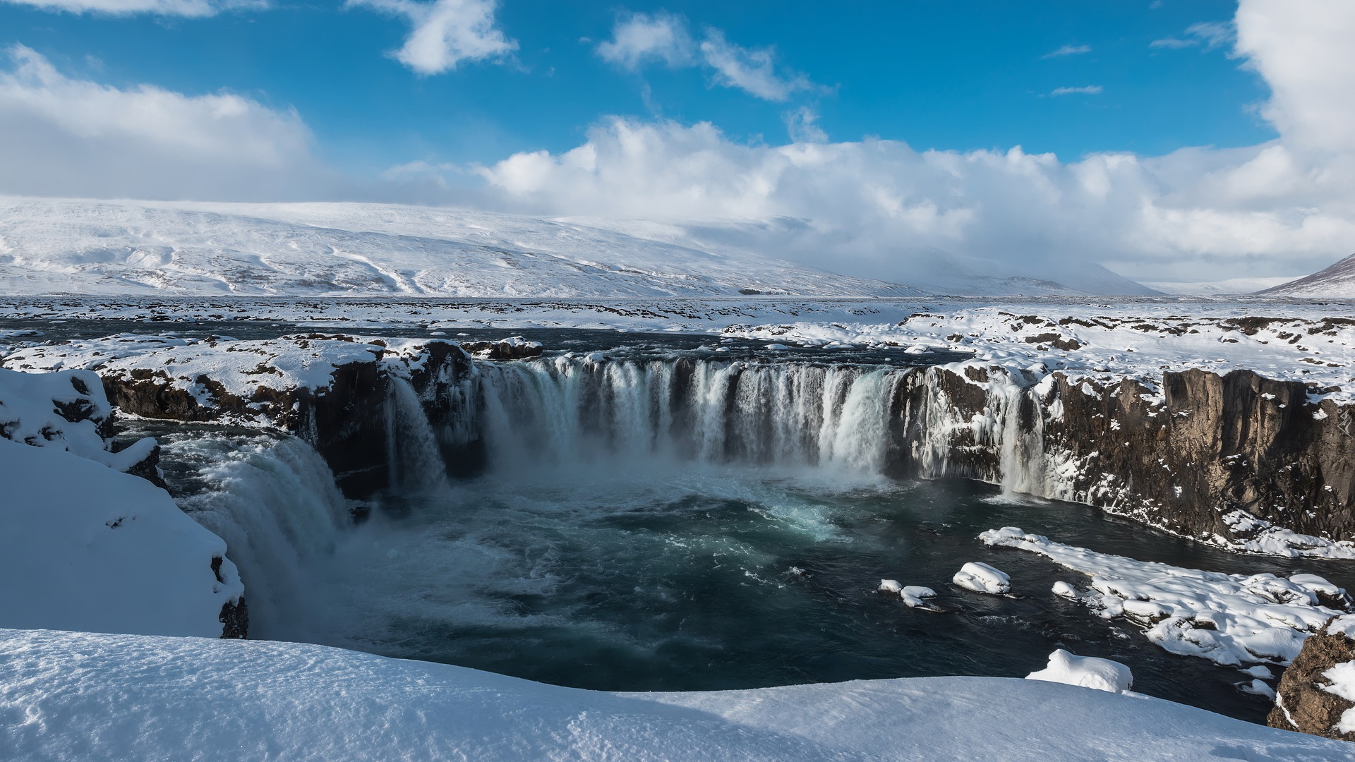 Wodospad, Godafoss, Zima, Śnieg, Islandia