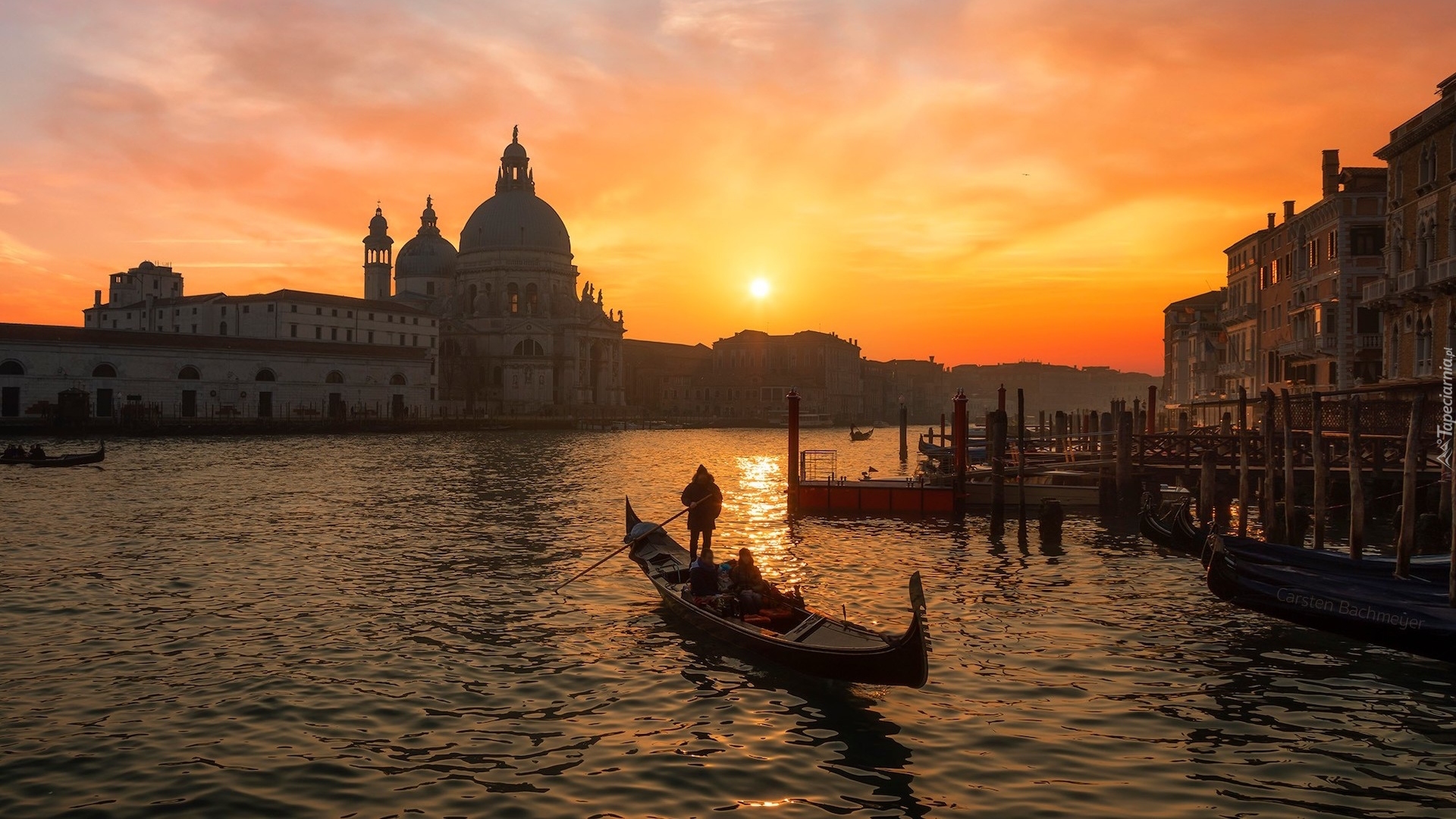 Włochy, Wenecja, Kanał, Gondola, Domy, Bazylika, Zachód słońca