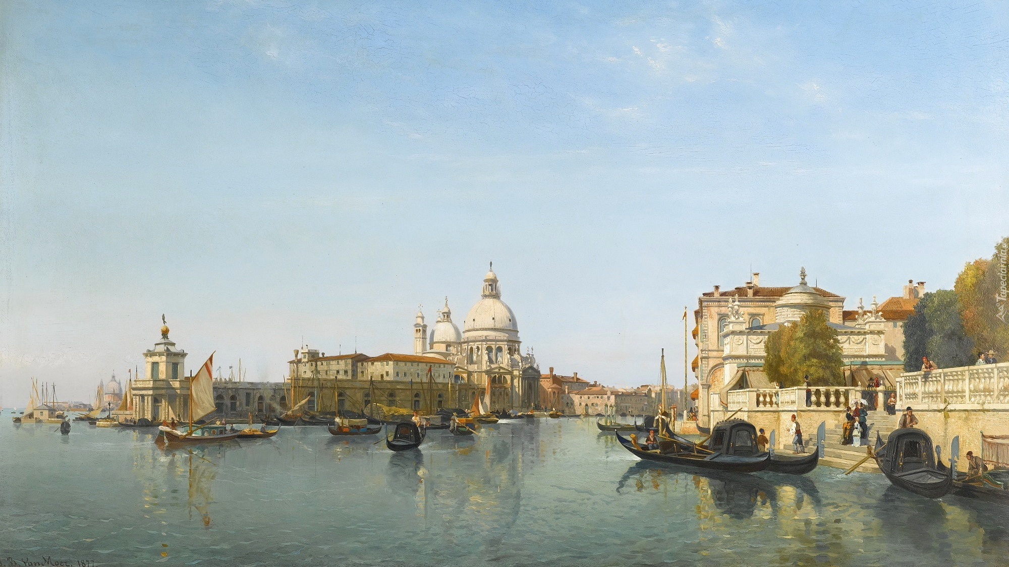 Malarstwo, Obraz, Jean-Baptiste van Moer, Budowle, Kanał, Gondole, Wenecja, Włochy