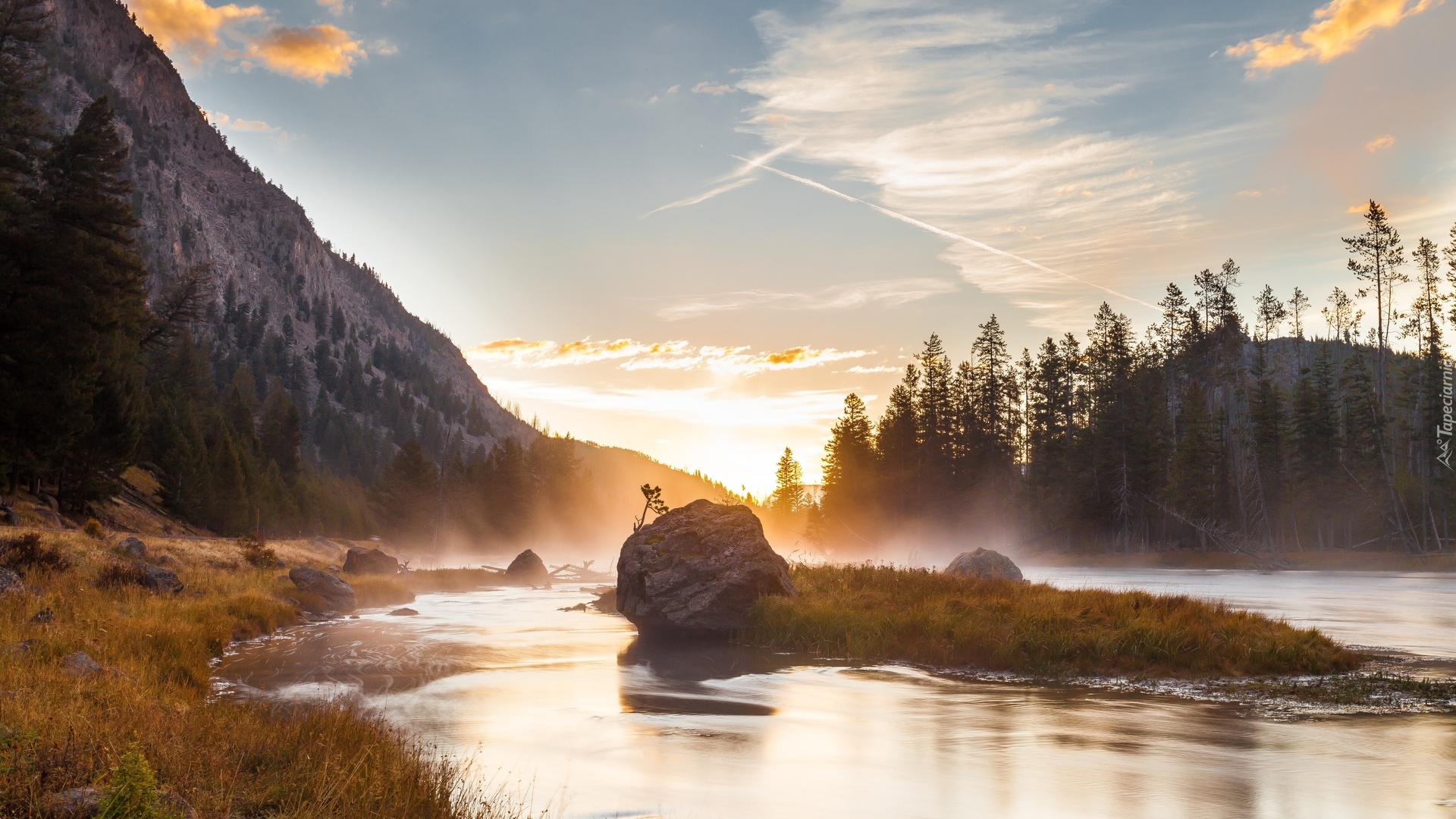 Rzeka, Gorące źródła, Góry, Kamienie, Park Narodowy Yellowstone, Stan Wyoming, Stany Zjednoczone