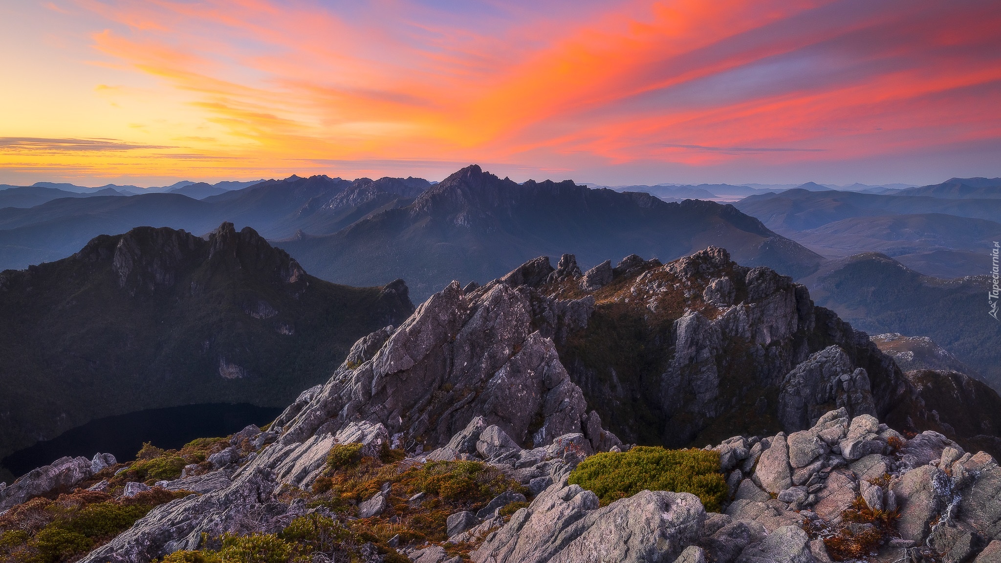 Zachód słońca, Góry, Arthur Range, Skały, Tasmania, Australia