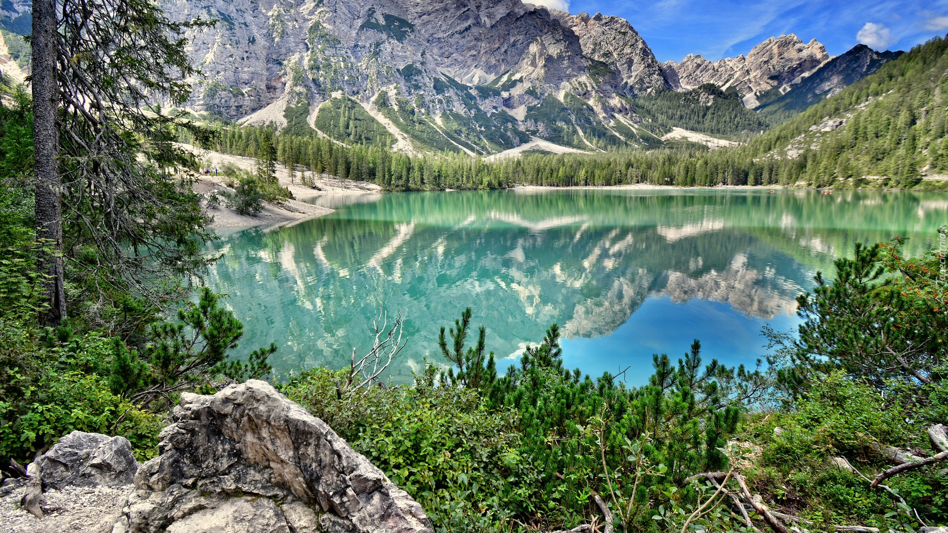 Góry, Jezioro, Lago di Braies, Pragser Wildsee, Drzewa, Włochy