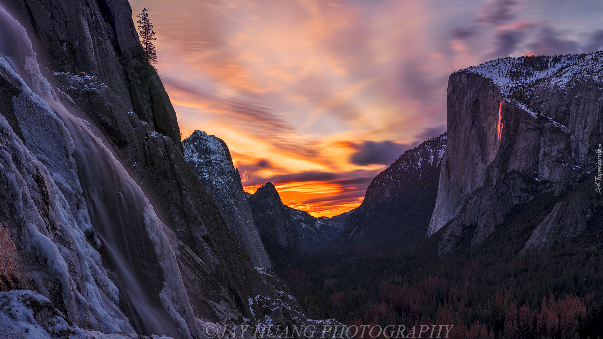 Park Narodowy Yosemite, Góry, Las, Zachód słońca, Stan Kalifornia, Stany Zjednoczone