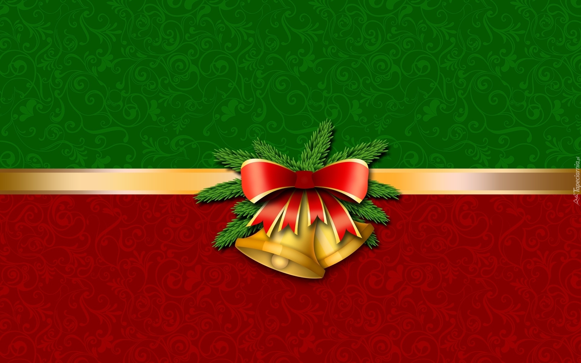 Dekoracja, Świąteczna, Dzwonki, Kokarda, Zielono-czerwone tło