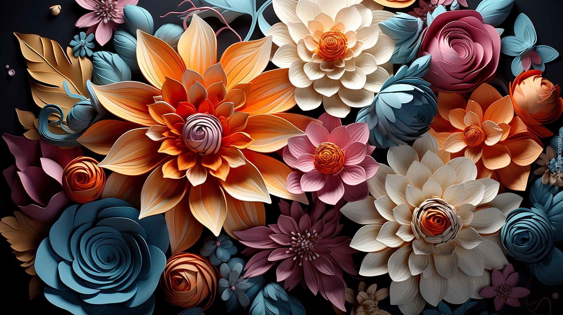 Kwiaty, Kolorowe, Liście, Grafika, 2D