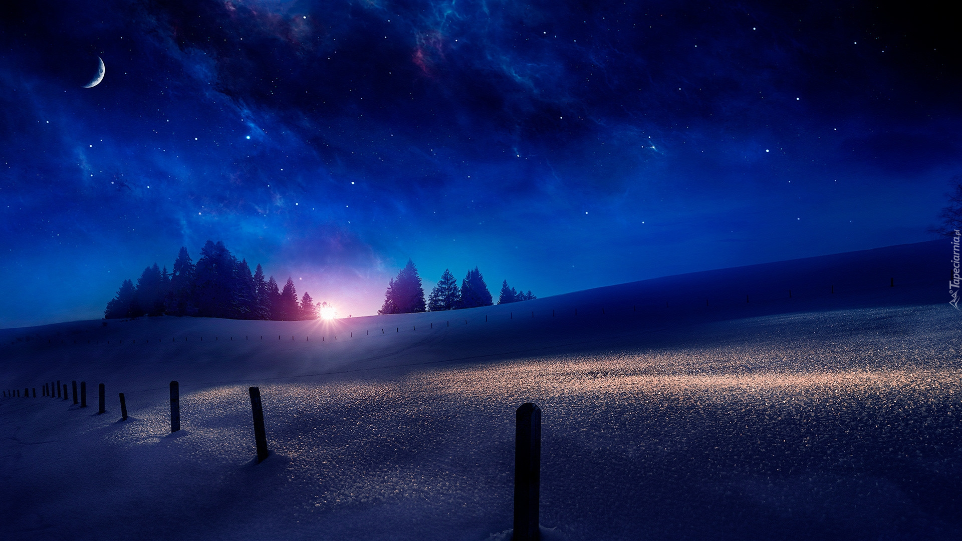 Noc, Niebo, Gwiazdy, Wzgórza, Drzewa, Zima