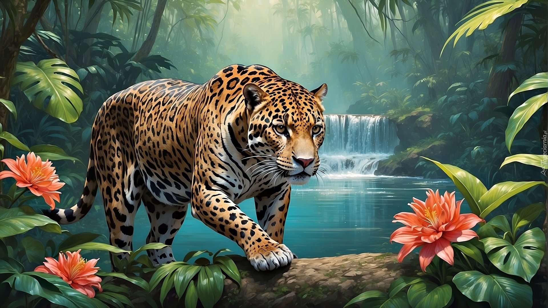 Jaguar, Rzeka, Kaskada, Rośliny, Kwiaty, 2D