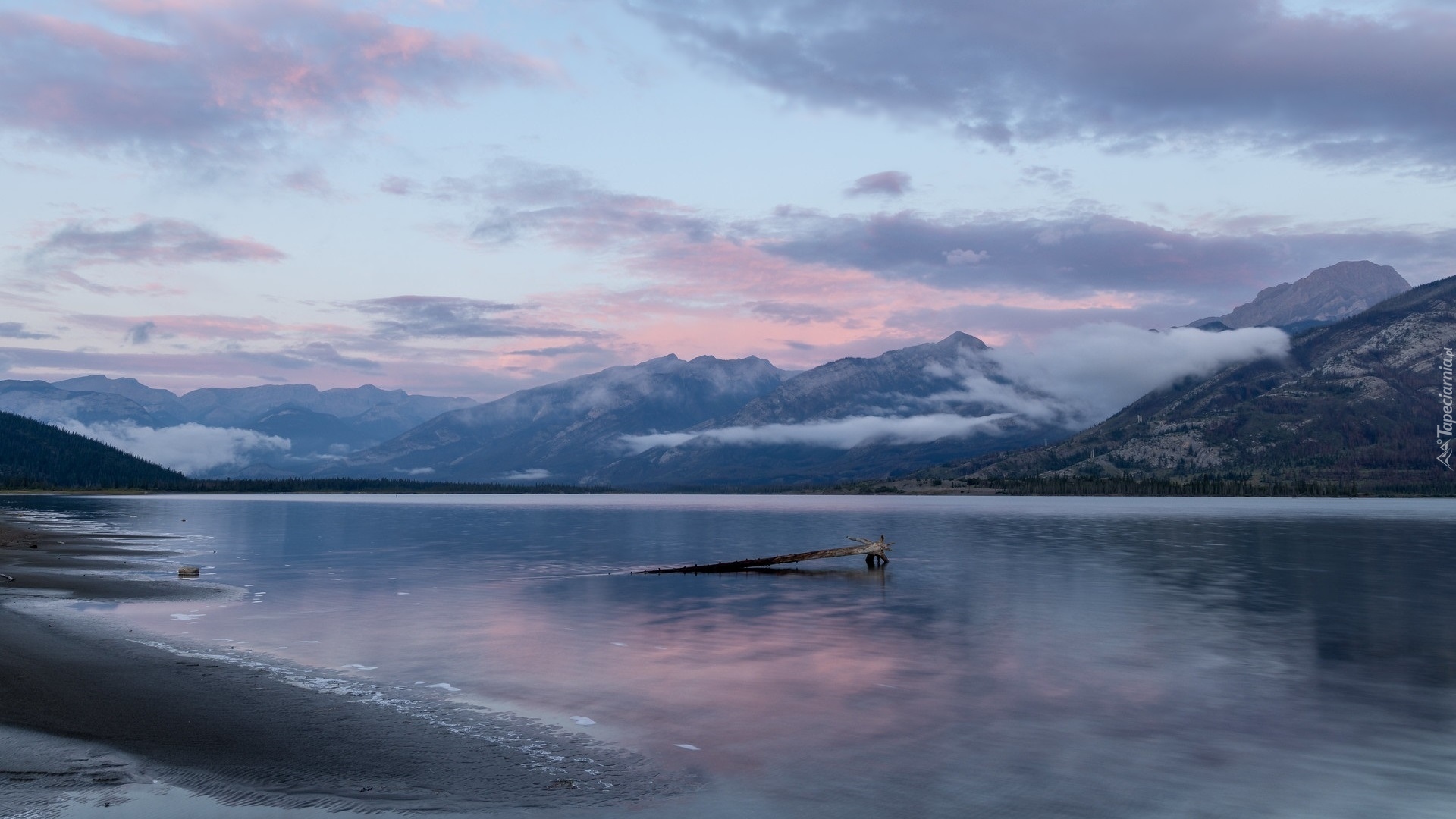 Wschód słońca, Góry, Opadająca, Mgła, Jezioro, Jasper Lake, Park Narodowy Jasper, Kanada