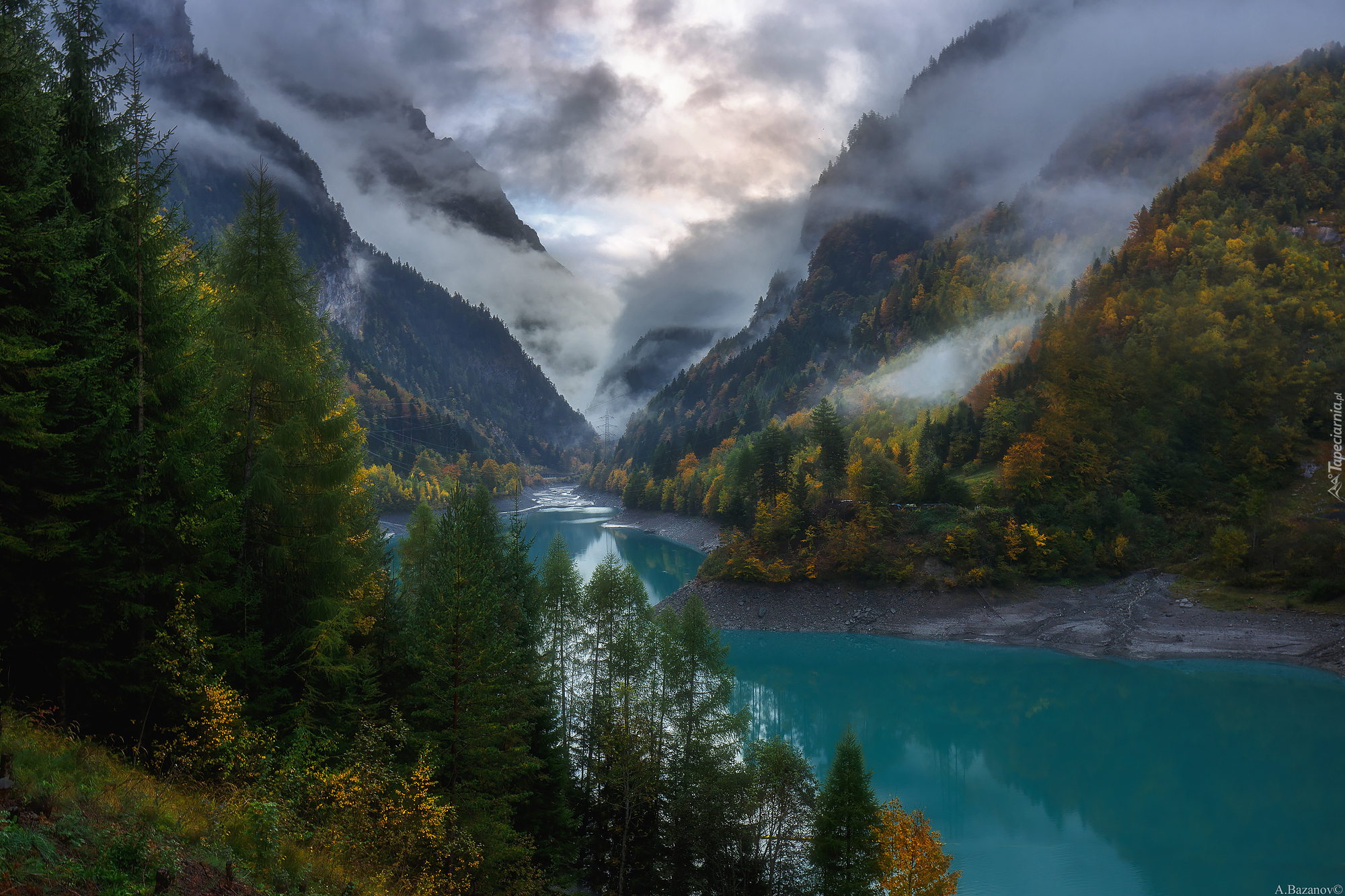 Szwajcaria, Góry, Alpy Szwajcarskie, Mgła, Rzeka, Drzewa, Jesień