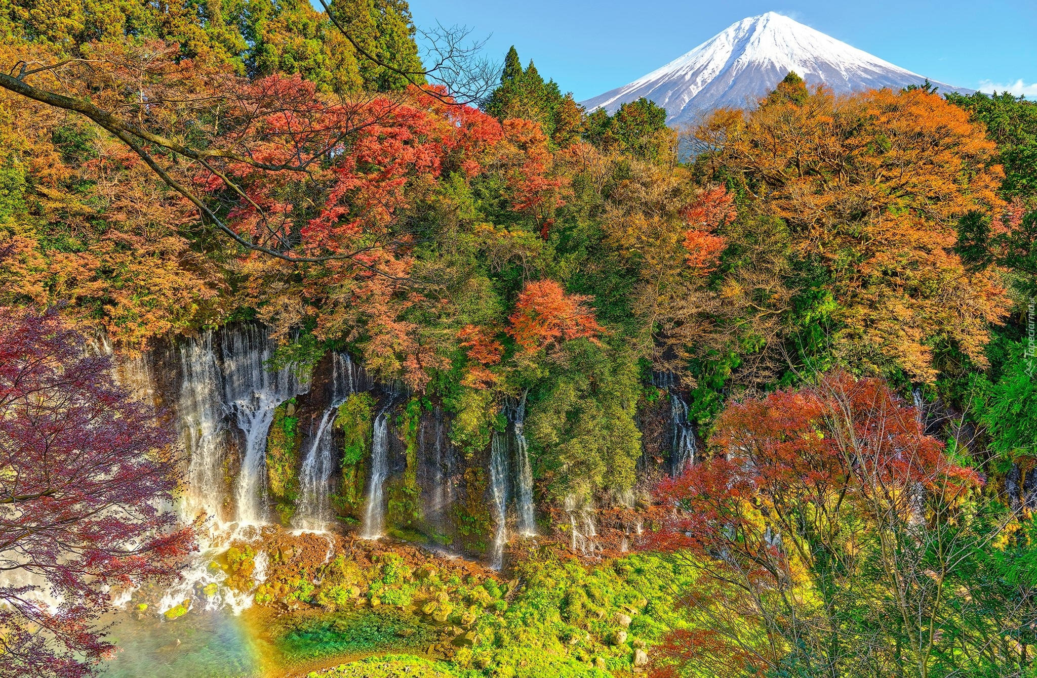 Japonia, Honsiu, Góra Fudżi, Wodospad, Drzewa, Roślinność, Jesień