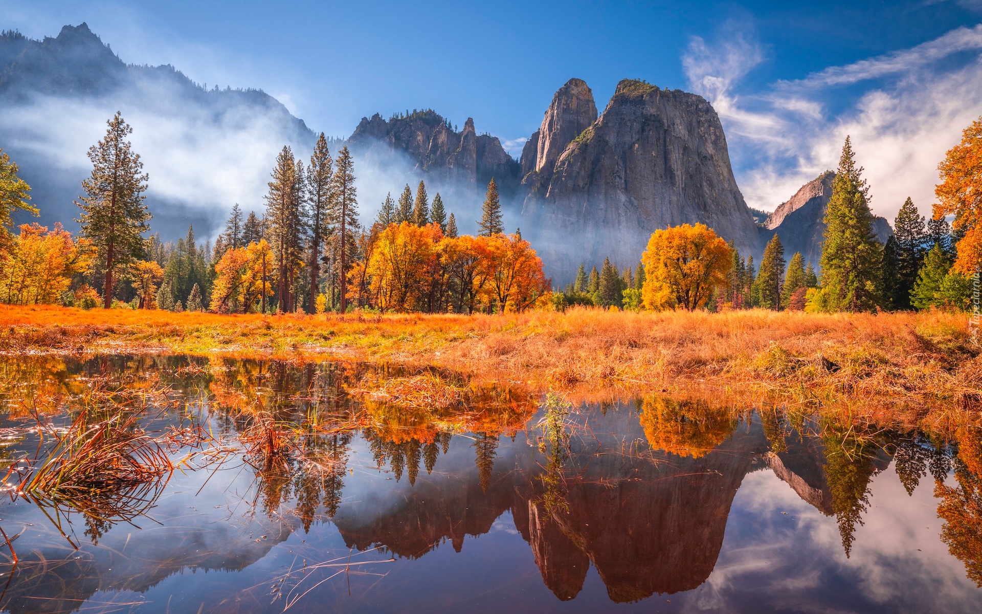 Stany Zjednoczone, Kalifornia, Park Narodowy Yosemite, Góry, Jesień, Drzewa, Rzeka, Odbicie