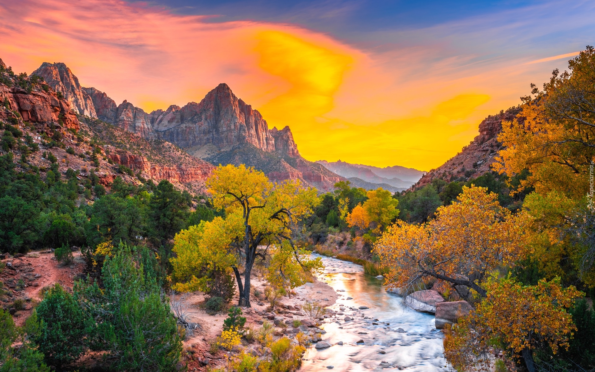Park Narodowy Zion, Góry Watchman, Rzeka Virgin River, Kamienie, Drzewa, Jesień, Zachód słońca, Stan Utah, Stany Zjednoczone
