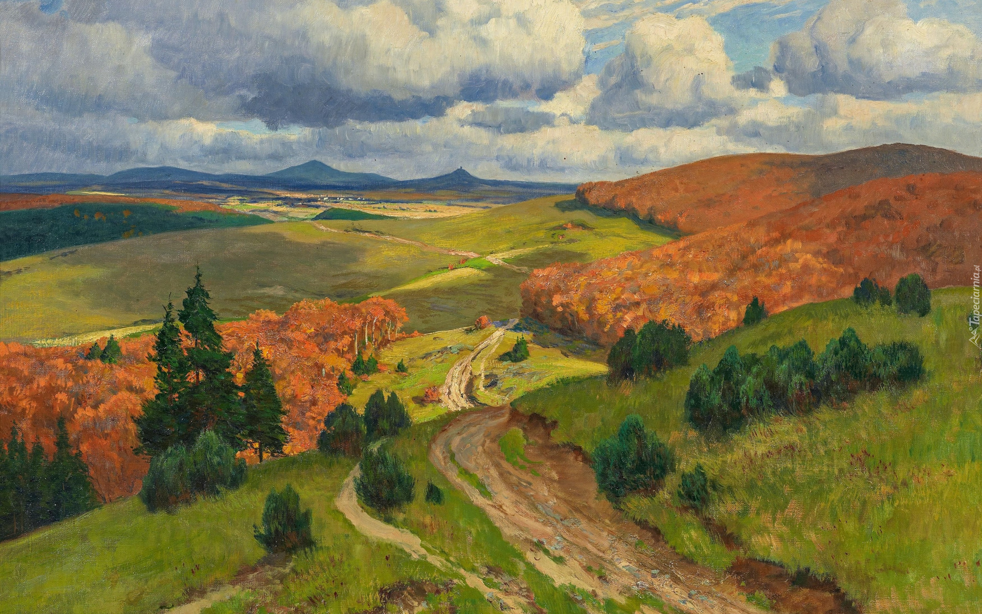 Malarstwo, Obraz, Fritz von Wille, Krajobraz, Jesień, Wzgórza, Droga