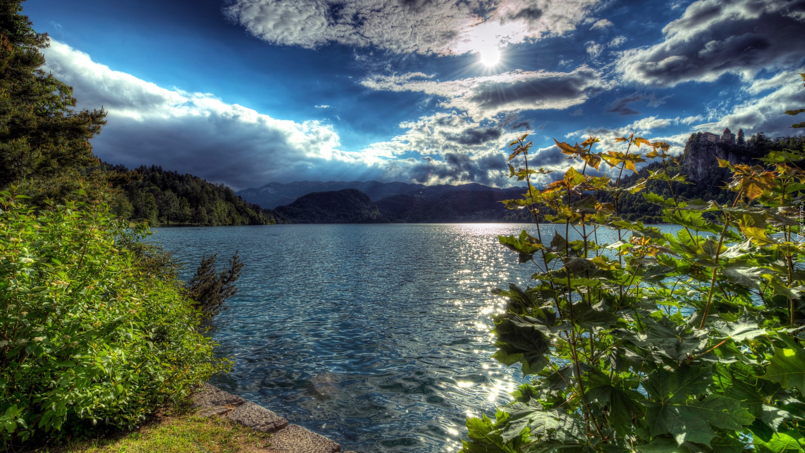 Słowenia, Jezioro Bled, Drzewa, Promienie słońca, Góry, Alpy Julijskie, Skały, Zamek Bled