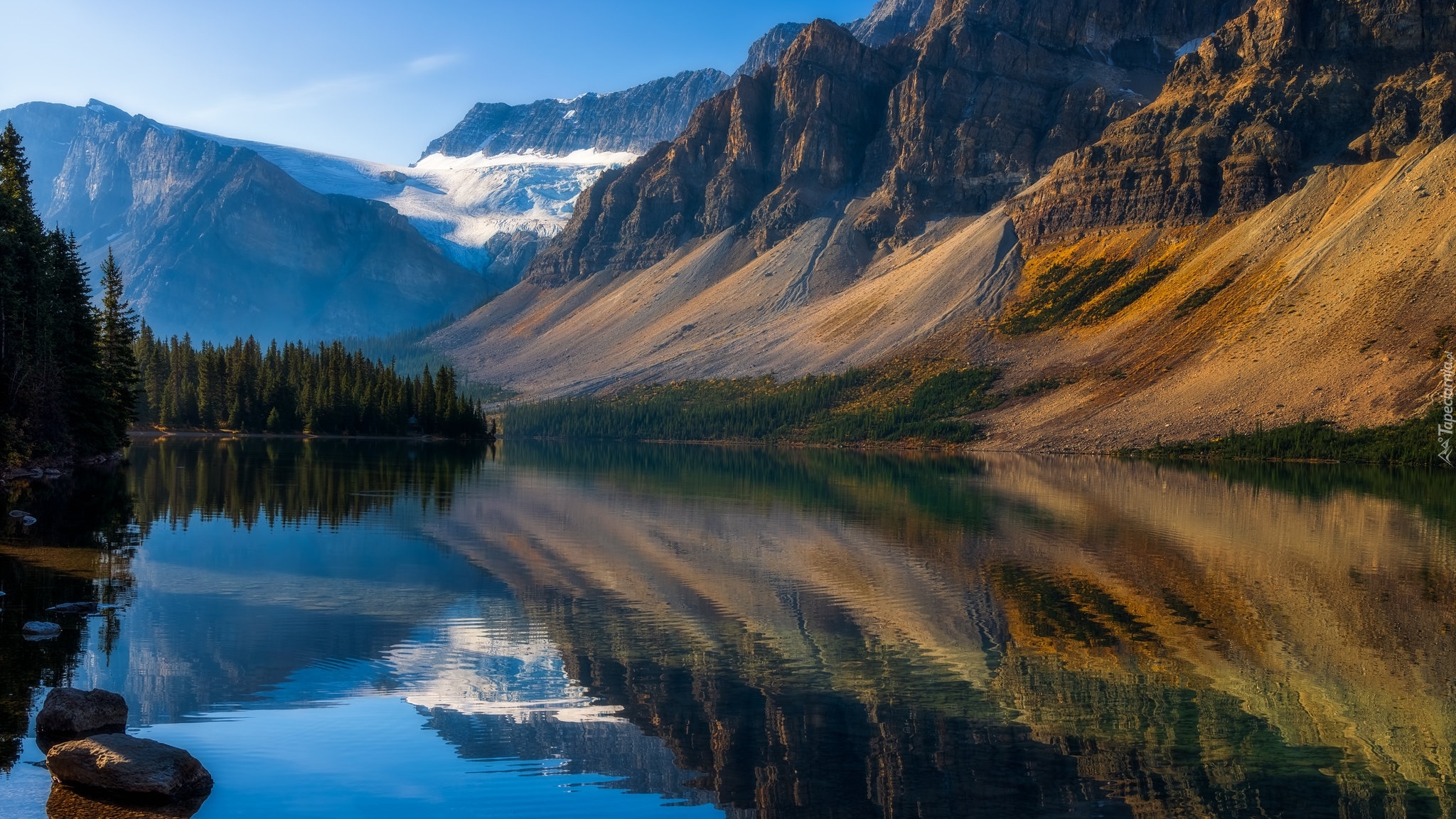 Park Narodowy Banff, Góry, Drzewa, Jezioro, Bow Lake, Lodowiec, Crowfoot Glacier, Alberta, Kanada