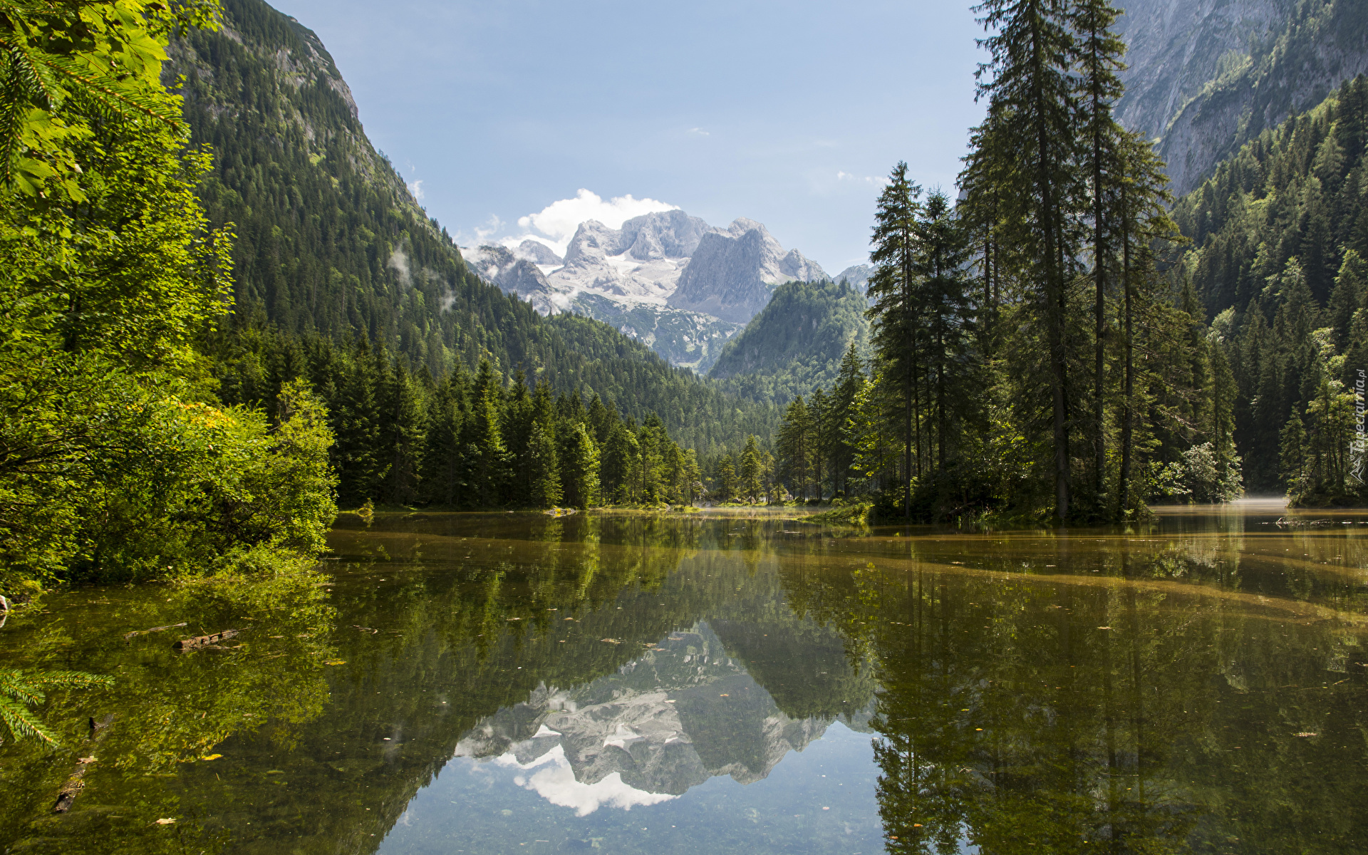 Austria, Góry Dachstein, Jezioro Gosauseen, Drzewa, Las, Niebo, Chmury, Mgła