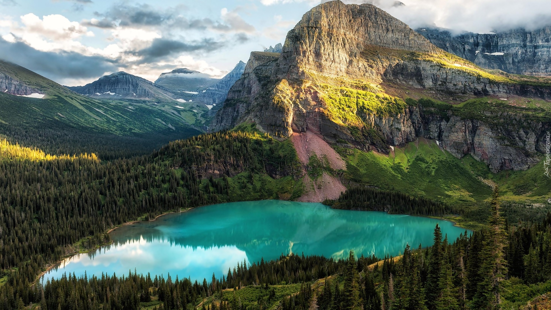 Góry, Jezioro Grinnell Lake, Drzewa, Park Narodowy Glacier, Montana, Stany Zjednoczone