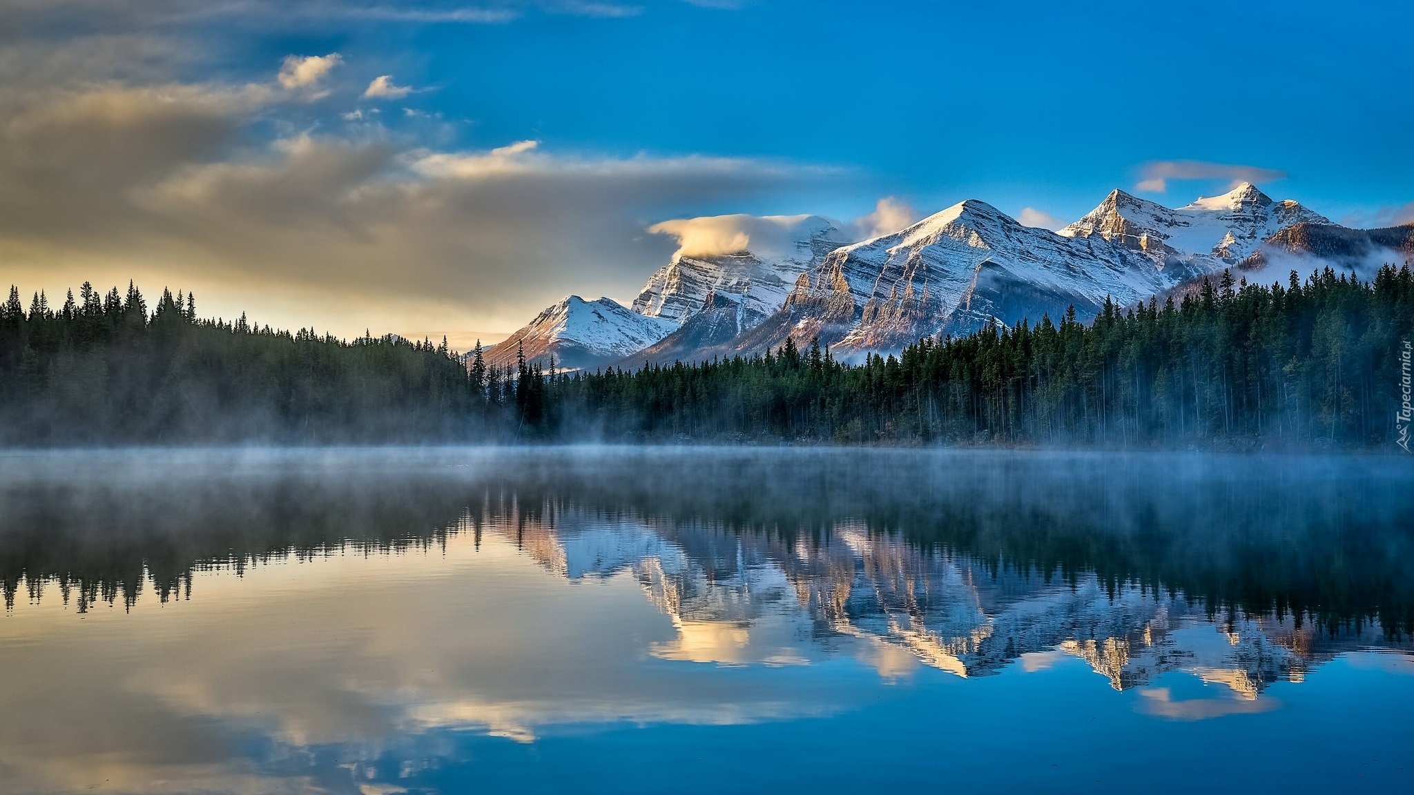 Kanada, Park Narodowy Banff, Jezioro Herbert, Las, Góry, Mgła, Odbicie