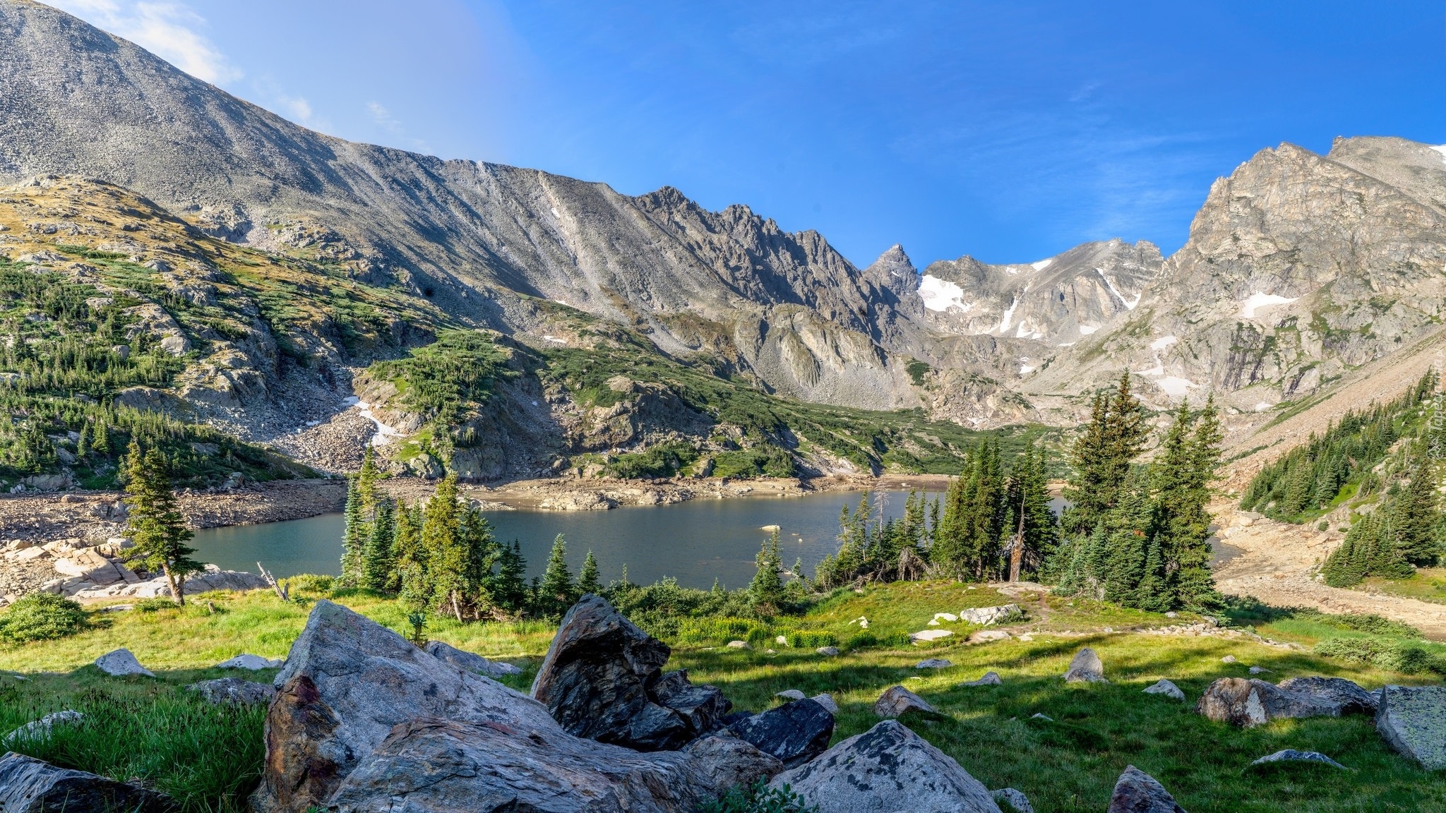 Stany Zjednoczone, Stan Kolorado, Indian Peaks Wilderness, Góry, Jezioro Isabelle, Kamienie, Świerki
