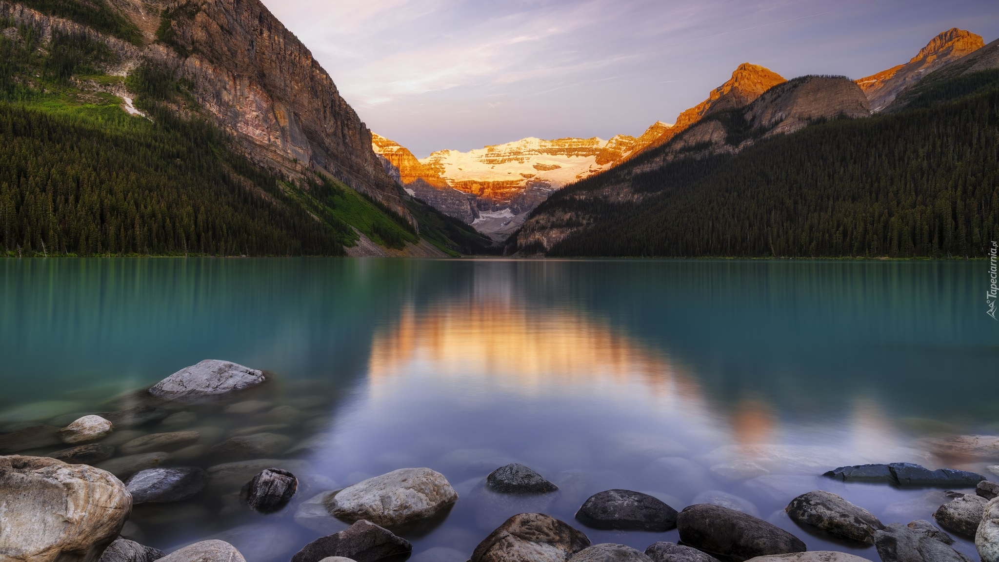 Jezioro, Lake Louise, Góry Skaliste, Kamienie, Park Narodowy Banff, Alberta, Kanada