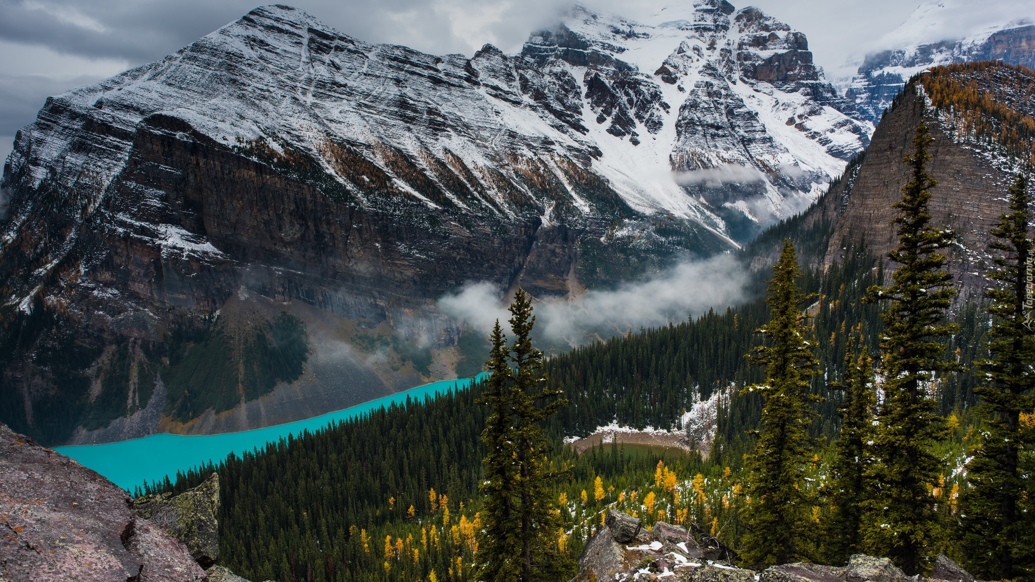 Góry, Jezioro, Lake Louise, Śnieg, Mgła, Drzewa, Skały, Park Narodowy Banff, Alberta, Kanada