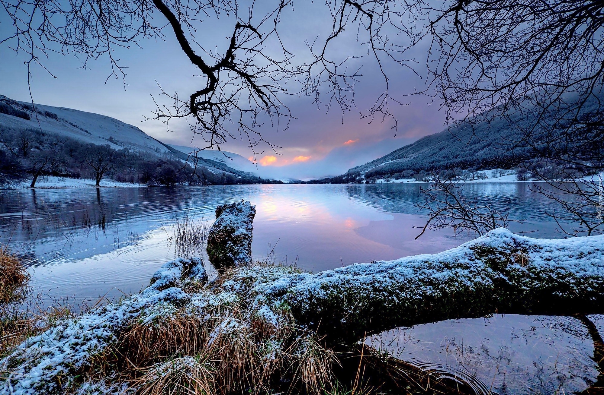Jezioro Loch Voil, Góry, Lasy, Drzewa, Zima, Szkocja