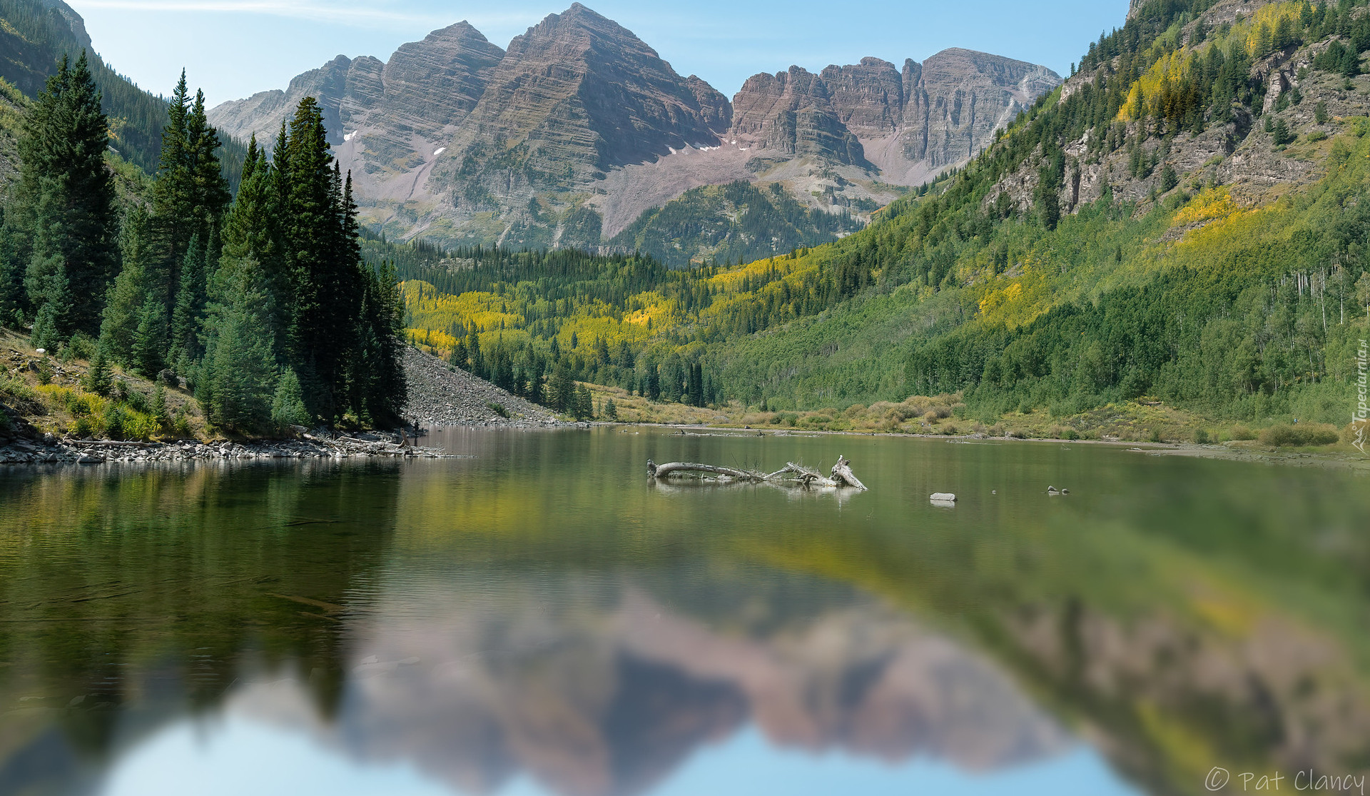 Góry, Maroon Bells, Pasmo, Elk Mountains, Jezioro, Maroon Lake, Drzewa, Kolorado, Stany Zjednoczone