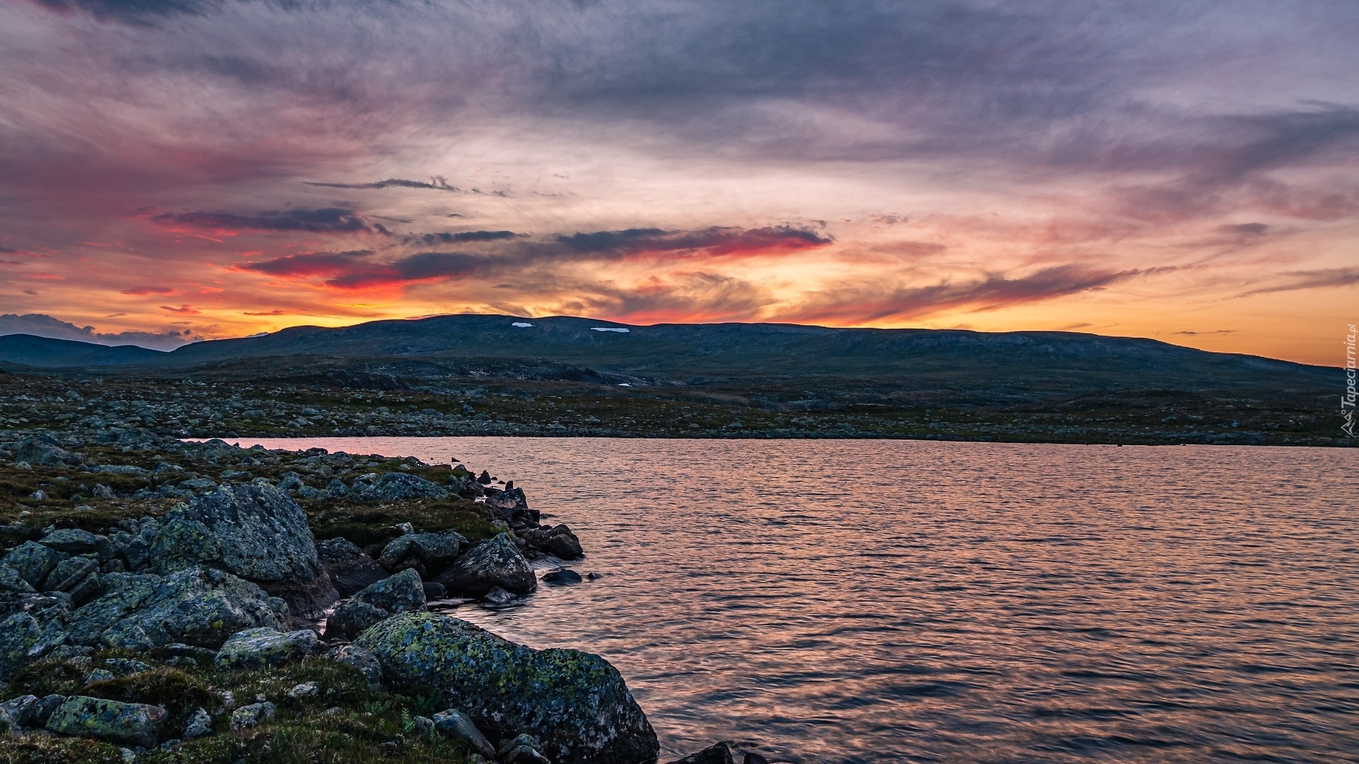Wschód słońca, Góry, Skały, Jezioro, Płaskowyż Hardangervidda, Norwegia