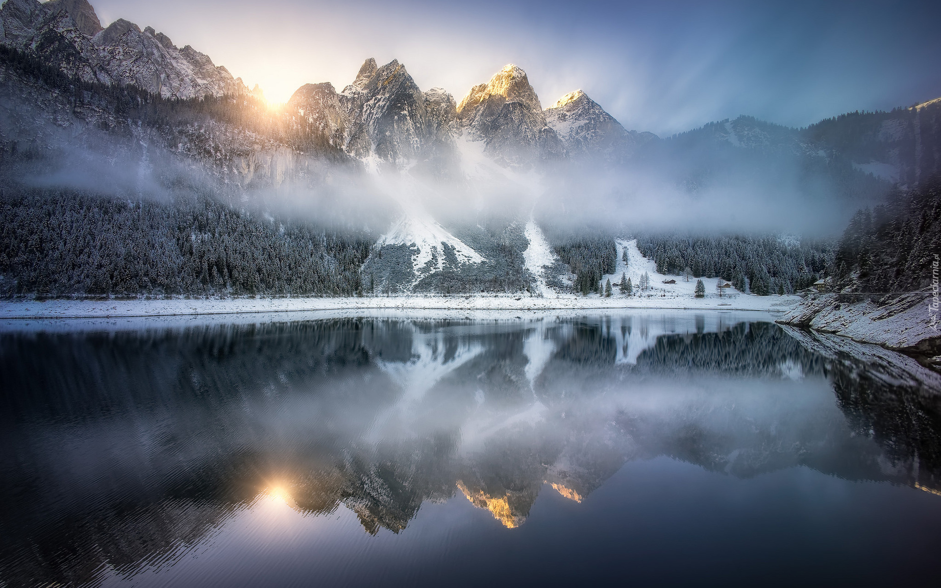 Góry Dachstein, Zima, Mgła, Śnieg, Jezioro Gosau, Vorderer Gosausee, Odbicie, Austria