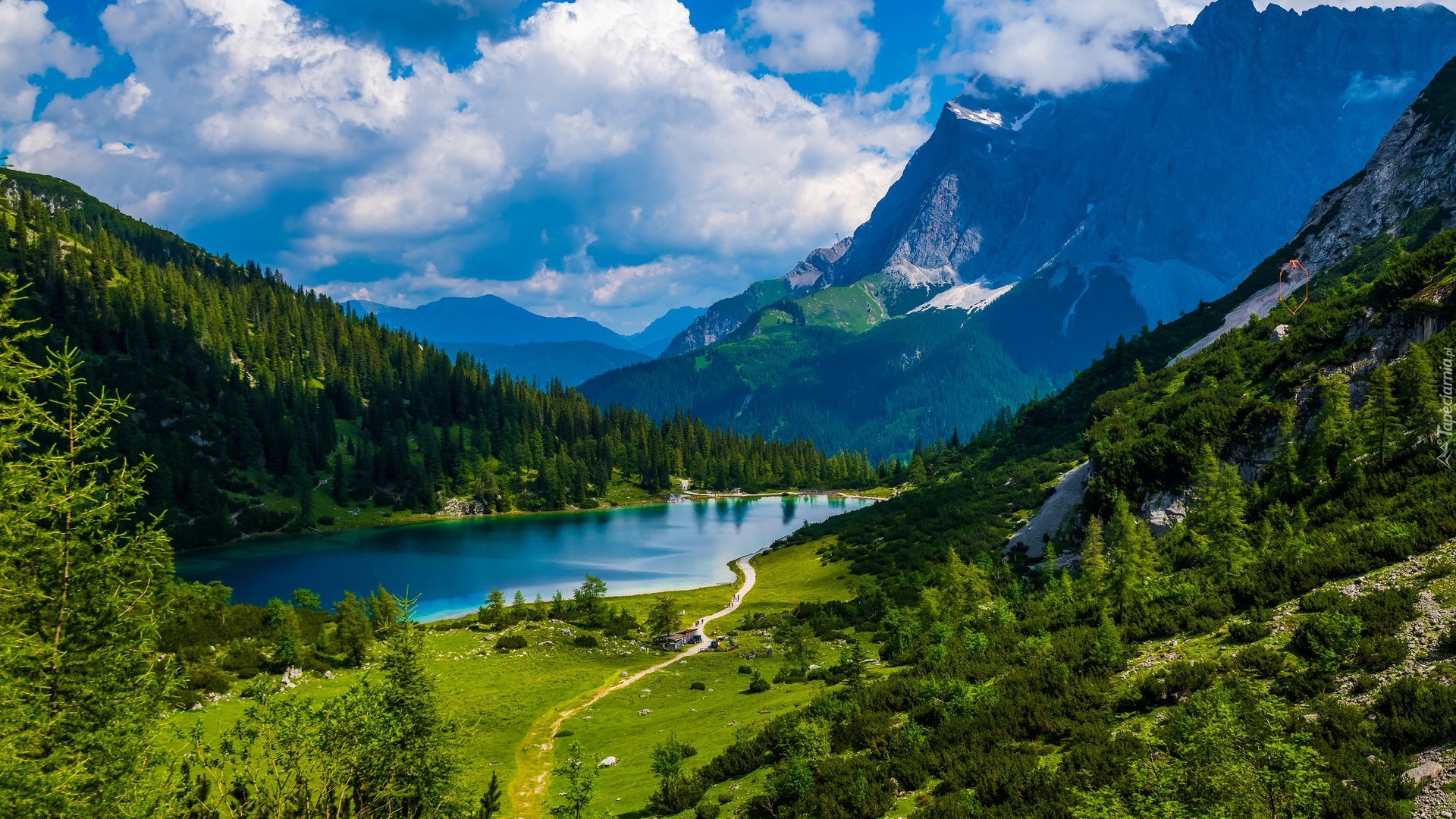 Austria, Tyrol, Góry, Jezioro, Seebensee, Las, Chmury