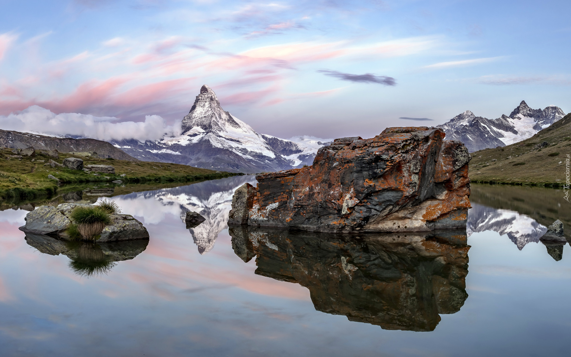 Góry, Alpy, Szczyt Matterhorn Jezioro Stellisee, Skały, Odbicie, Miejscowość, Zermatt, Szwajcaria