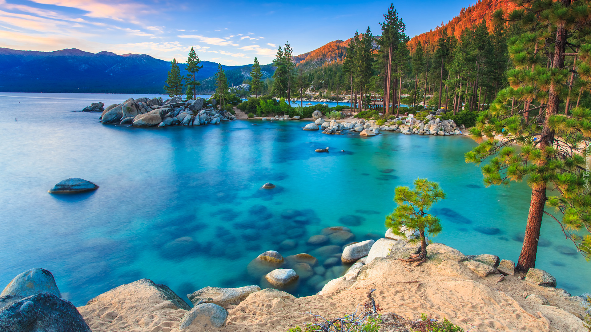 Jezioro, Tahoe Lake, Drzewa, Sosny, Góry, Kamienie, Sand Harbor Beach, Nevada, Stany Zjednoczone